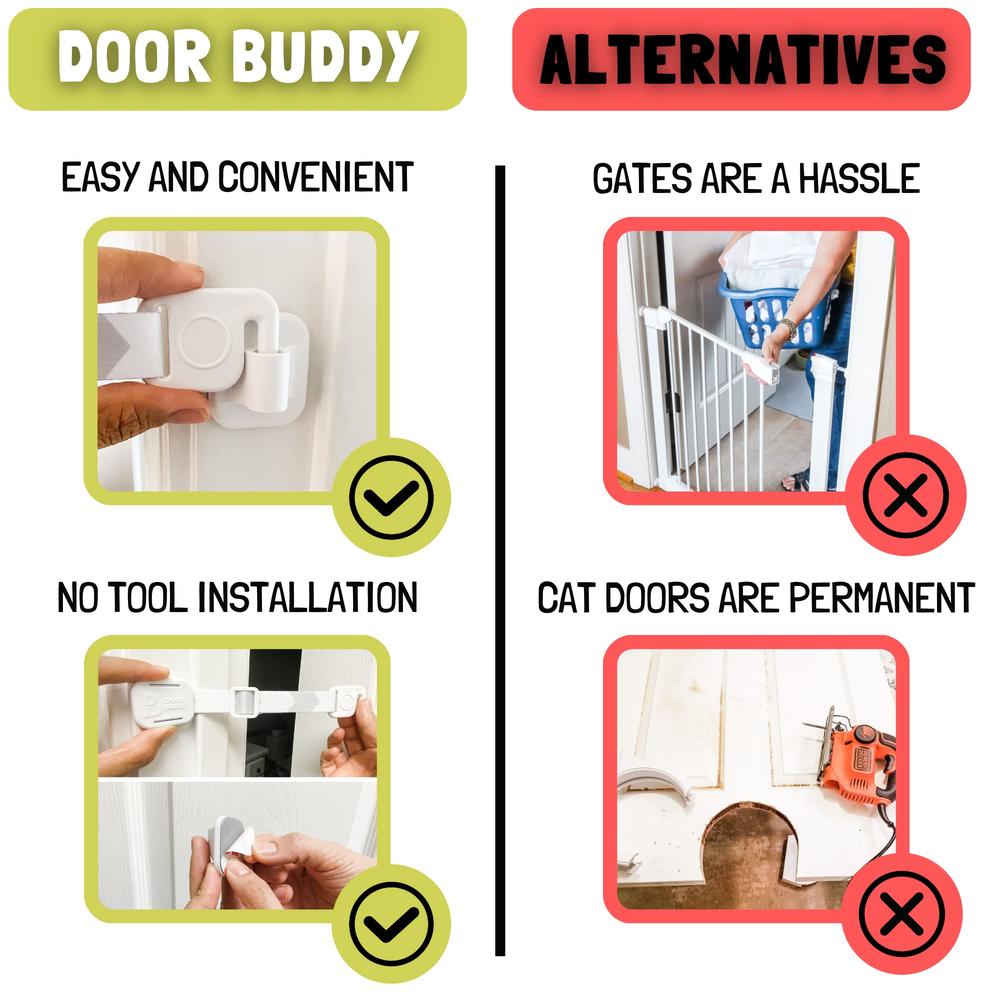 Door Buddy Pet Door Latch for cats - grey Adjustable cat Door Strap Dog Proof Litter Box & cat Feeding Station Without Pet gate 