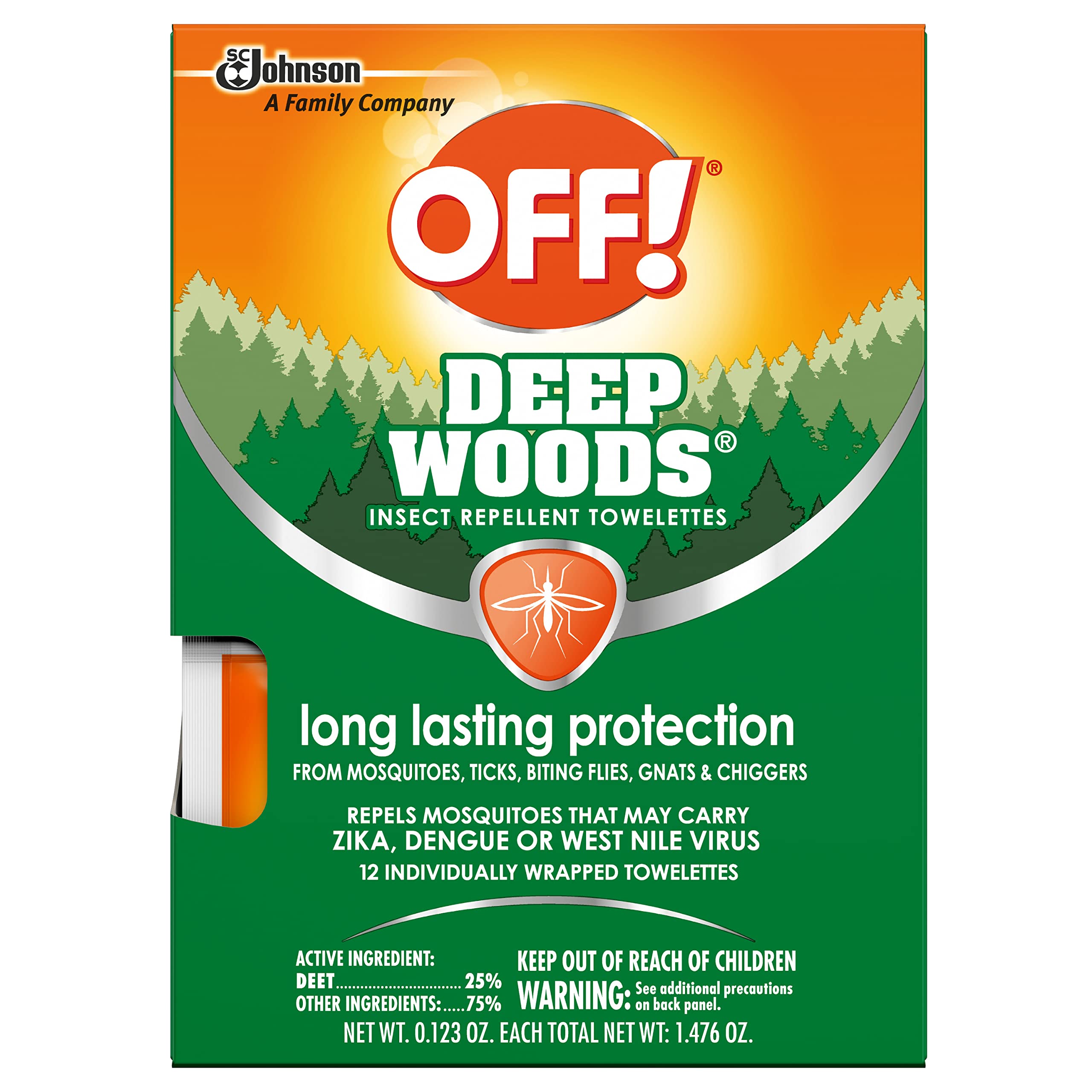 Off! OFF Deep Woods Mosquito and Insect Repellent Wipes, Long lasting, 12 Individually Wrapped Wipes