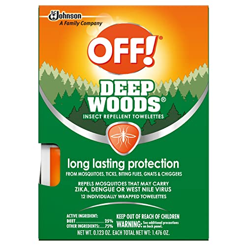 Off! OFF Deep Woods Mosquito and Insect Repellent Wipes, Long lasting, 12 Individually Wrapped Wipes