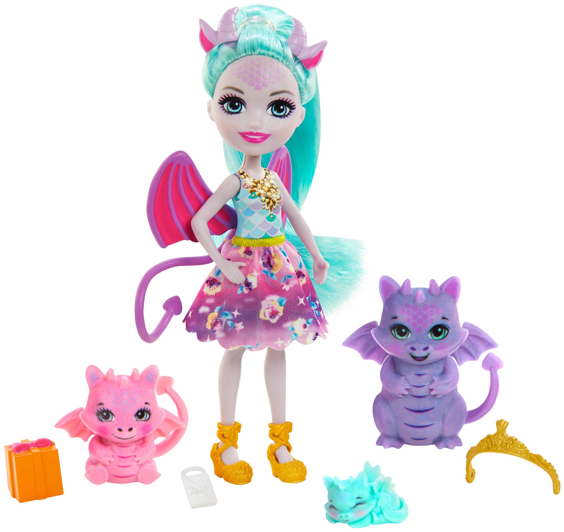 ENCHANTIMALS Royal Enchantimals Family Toy Set, Deanna Dragon Doll (6-in152-cm), 3 Dragon Figures and 4 Accessories, great gift for 3-8 Year 