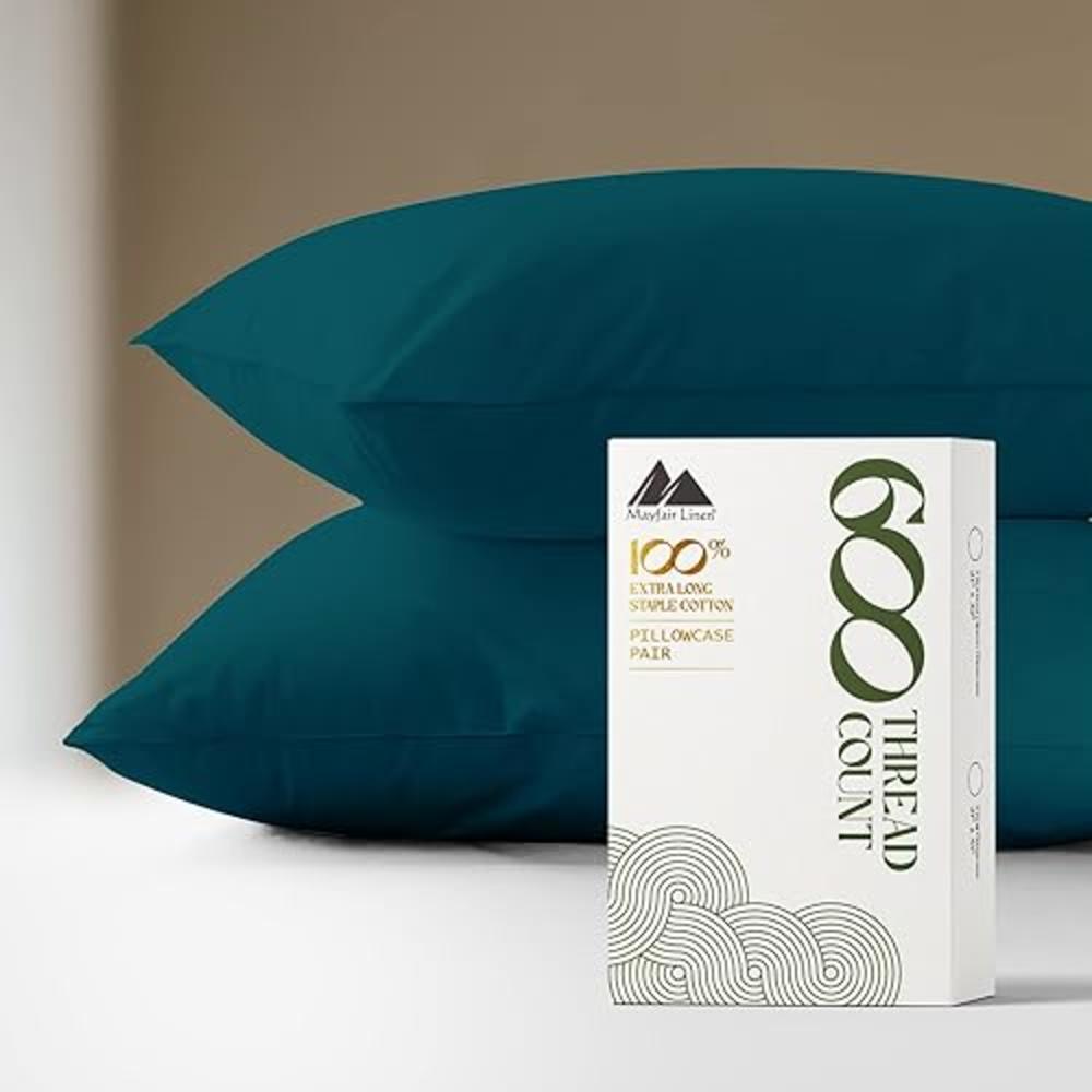 Mayfair Linen King Size Pillow cases Set of 2-100% Pure cotton Pillowcases, 600 Thread count Egyptian cotton Quality, Soft, Brea
