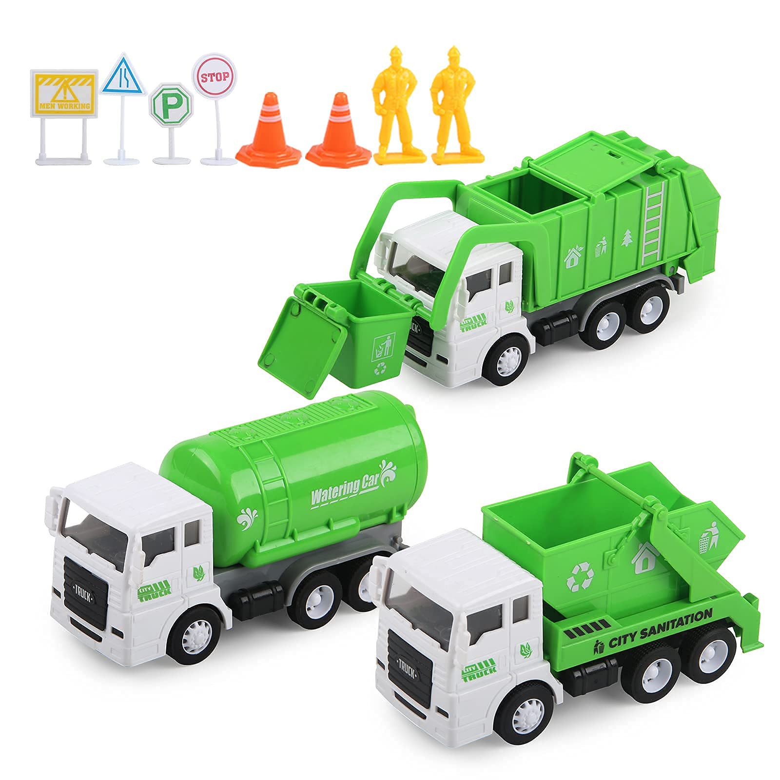 FIVEDAOgANg Toy Vehicles Set 3 Pack Sanitation Truck car Model garbage Trucks Water Tanker Playset with 8 Signpost Friction Powe