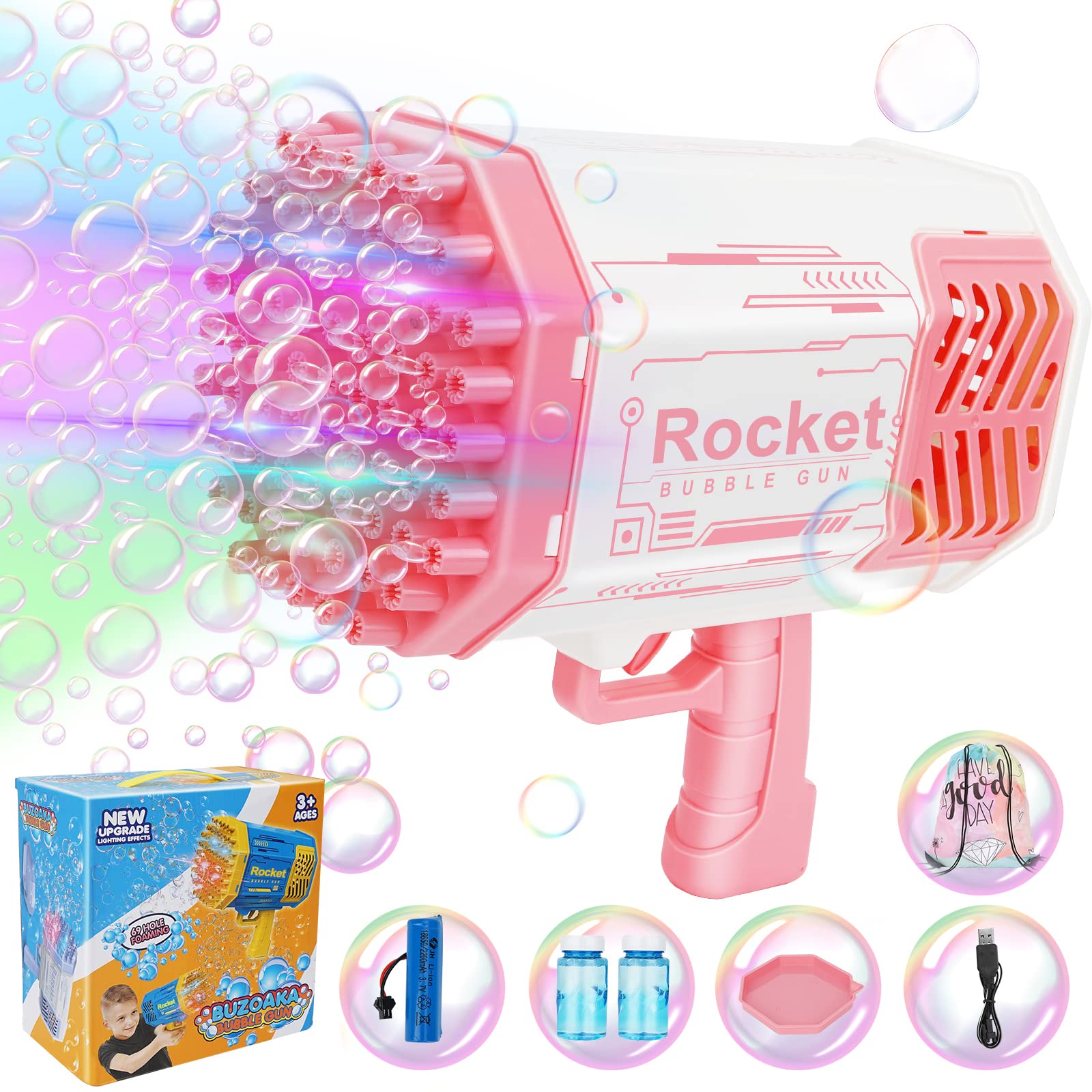 ArtCWK Bubble Machine Bubble gun 69 Holes with colorful Lights and Bubble Solution, Bubble Blower Bubble Maker for Kids Toddlers Adults