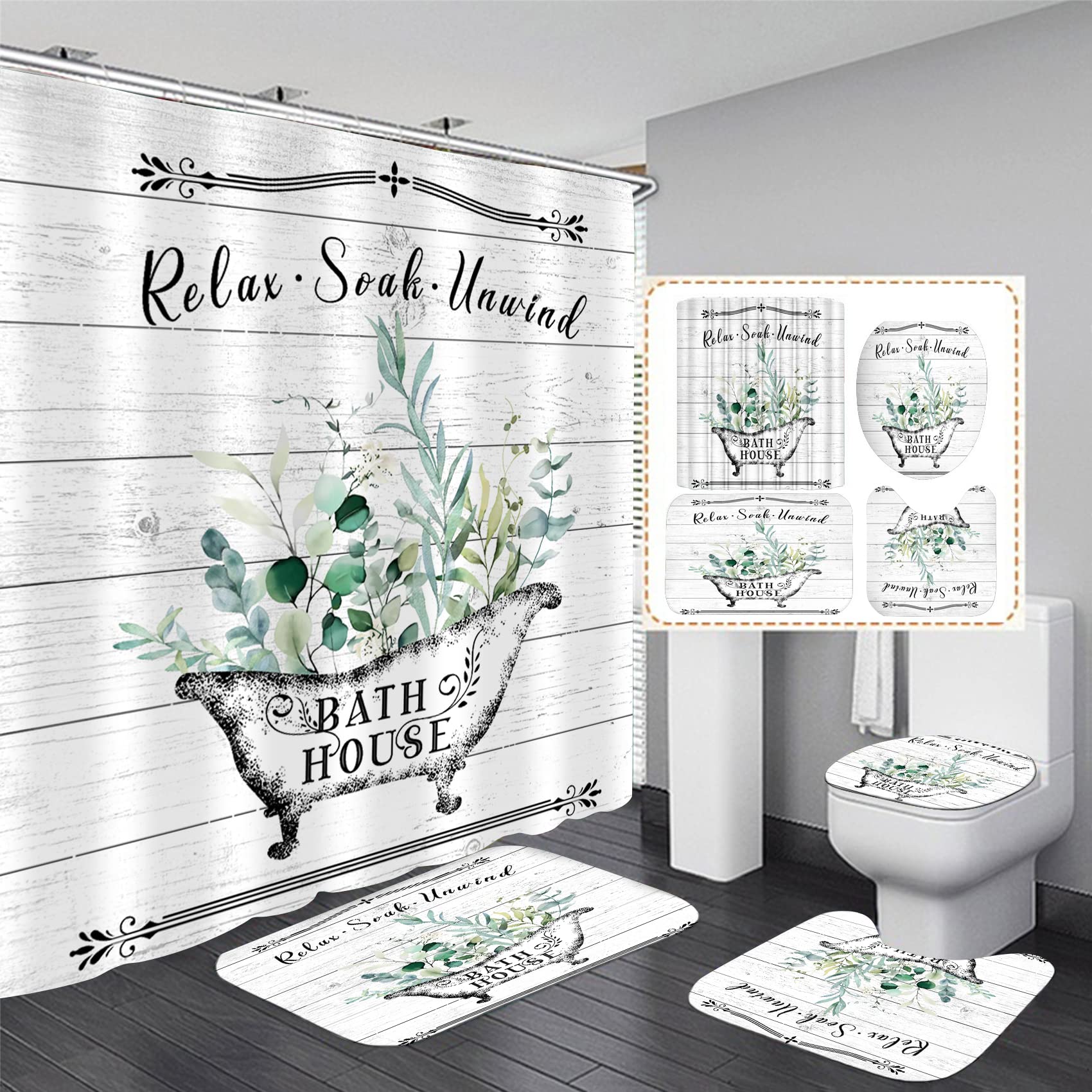 Nkzply 4 Pcs Farmhouse Shower curtain Set Vintage Floral Bathroom Sets with Shower curtain and Rugs Rustic Flower Leaves Bathroom Decor