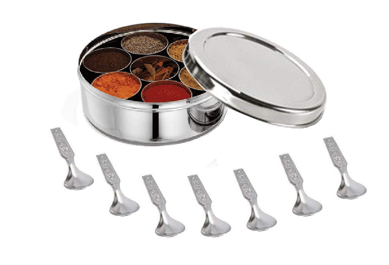 Satre Online and Marketing Stainless Steel Spice Box Without Lid,Stainless Steel Masala Box,Indian Spice Box with 7 Spice contai
