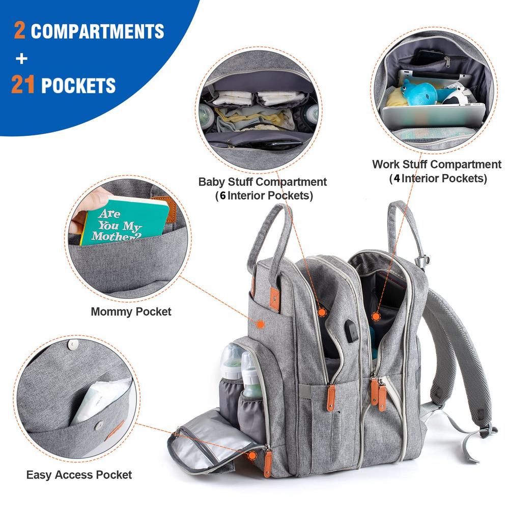 Qualyphant Diaper Bag Backpack - 35L Extra Large Diaper Bag For 2 Kids Multi compartments, 23 Pockets (4 Baby Bottle Pockets) - 