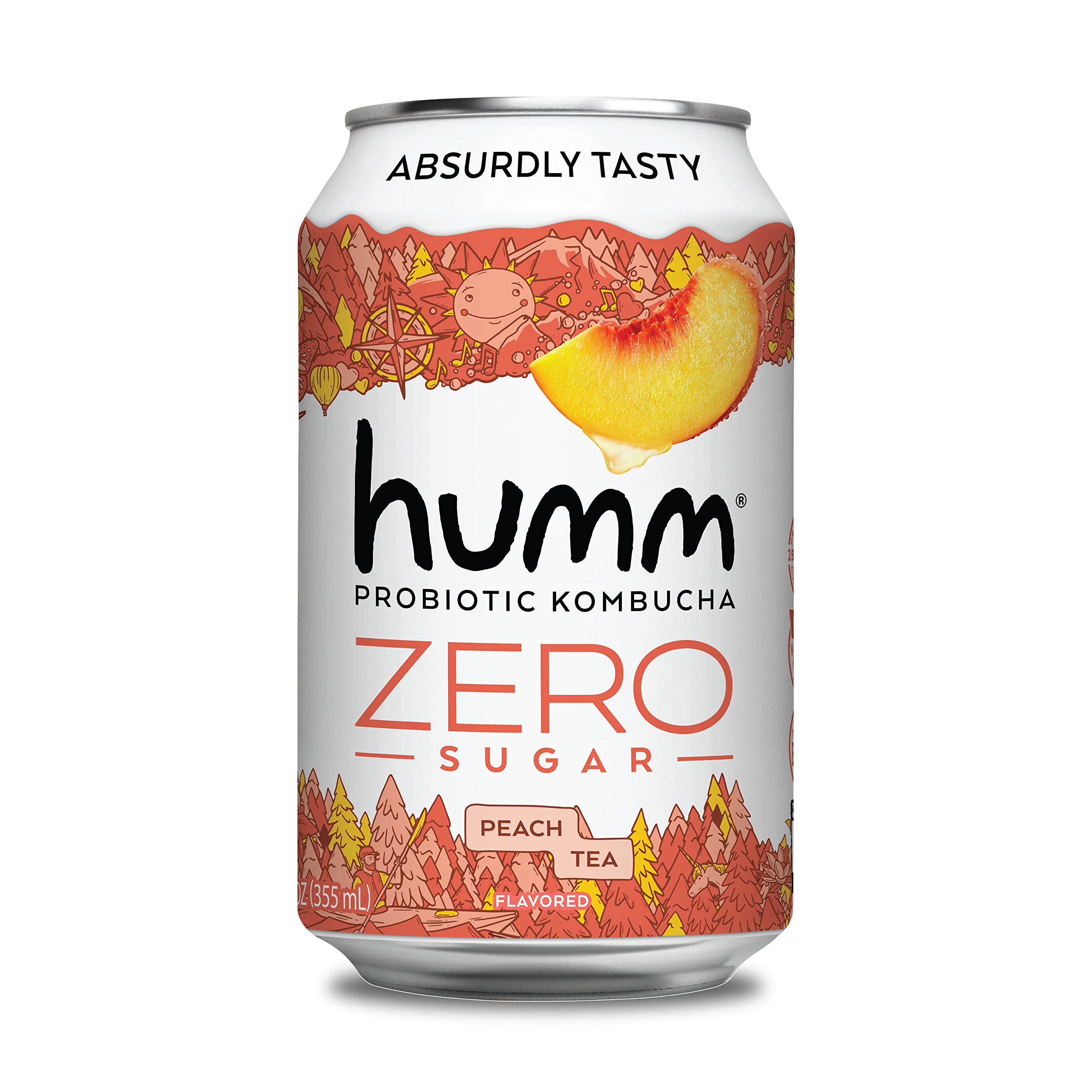 Humm Probiotic Kombucha Zero Sugar Peach Tea - No Refrigeration Needed, Keto-Friendly, Organic, Vegan, gluten-Free - 12oz cans (