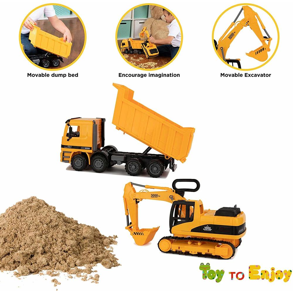 Toy To Enjoy Excavator & Dump Truck Toy for Kids (Set of 2) - Moveable claw & Lifting Back - garbage Truck & Bulldozer Digger - 