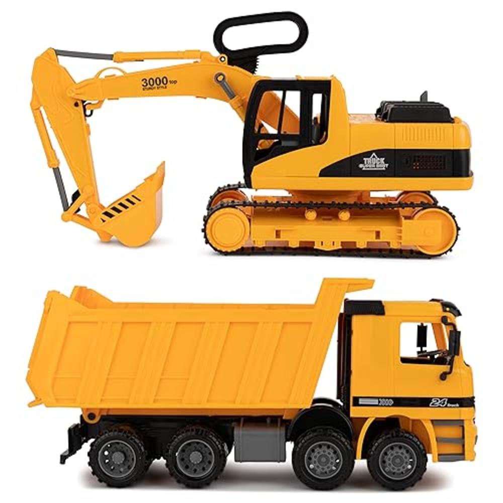 Toy To Enjoy Excavator & Dump Truck Toy for Kids (Set of 2) - Moveable claw & Lifting Back - garbage Truck & Bulldozer Digger - 