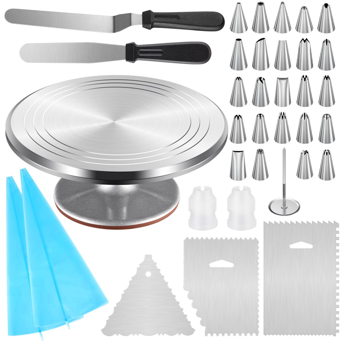 Kootek Aluminium cake Turntable, 12 Inch Rotating cake Stand, 35 pcs cake Decorating Kit Supplies with 24 Numbered Icing Piping 