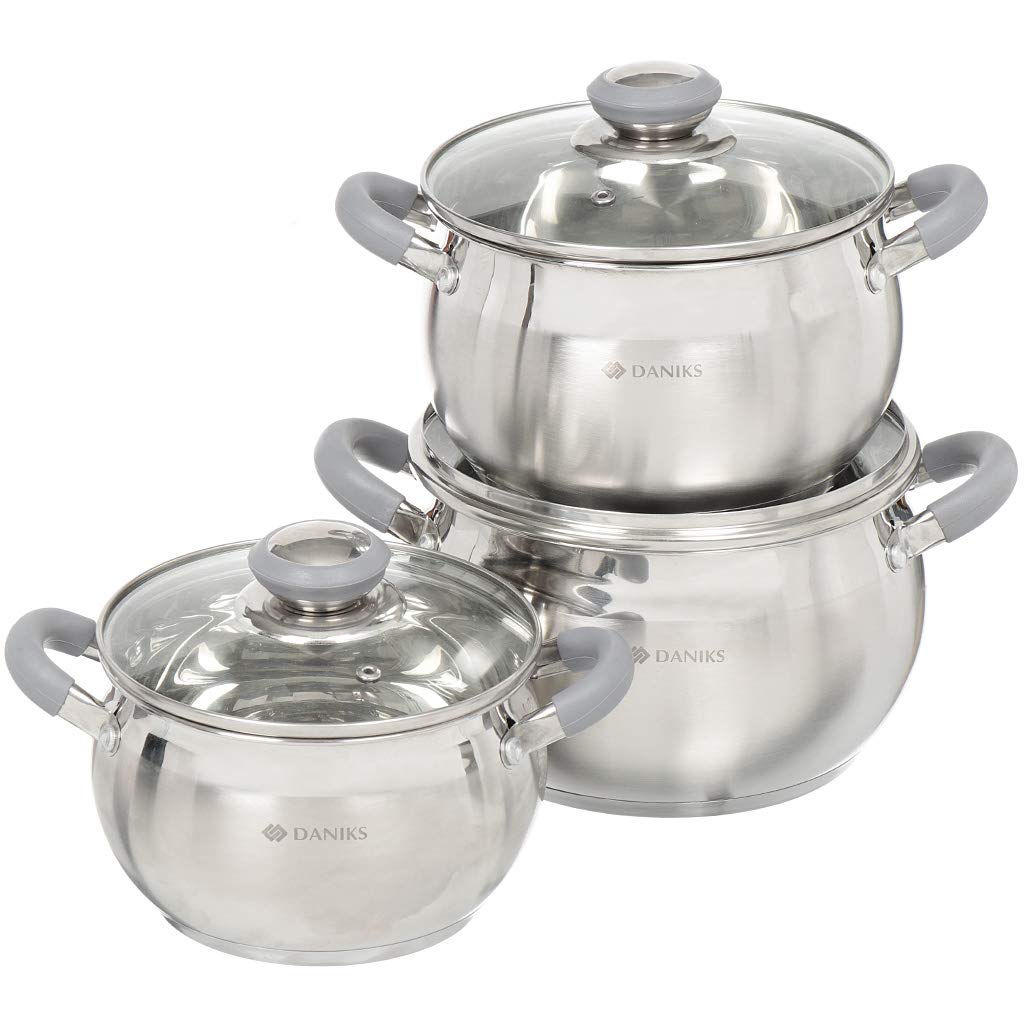 Daniks Modern Stainless Steel Kitchen Induction Pot cookware Set 6-Piece Dishwasher Safe Pots 2 Quart + 3 Quart + 4 Quart Heatpr
