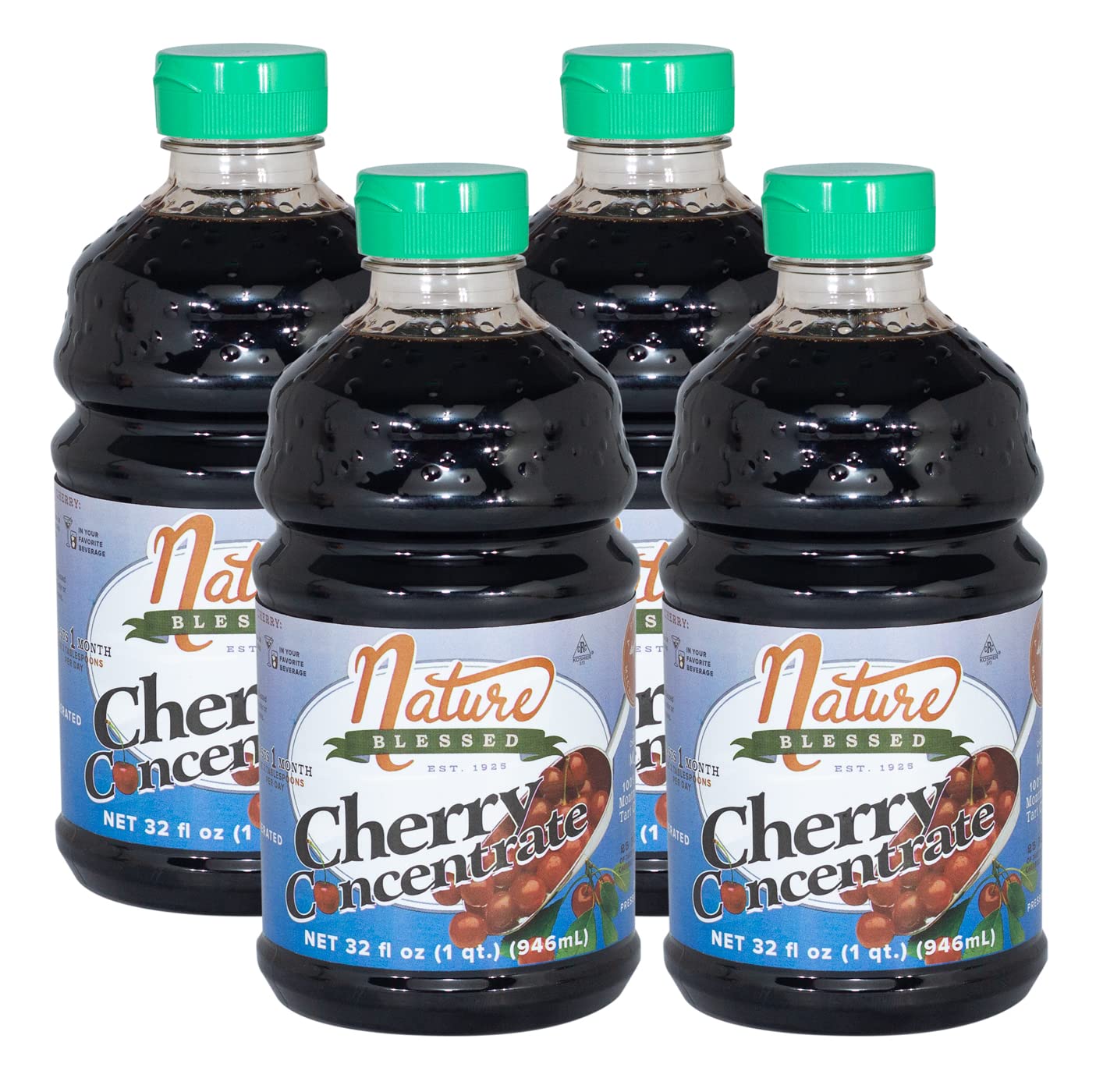Nature Blessed 100% Pure Tart cherry concentrate - 4 Quarts (Four 32oz Bottles), Refreshing Drink or in Smoothie, All Natural, N