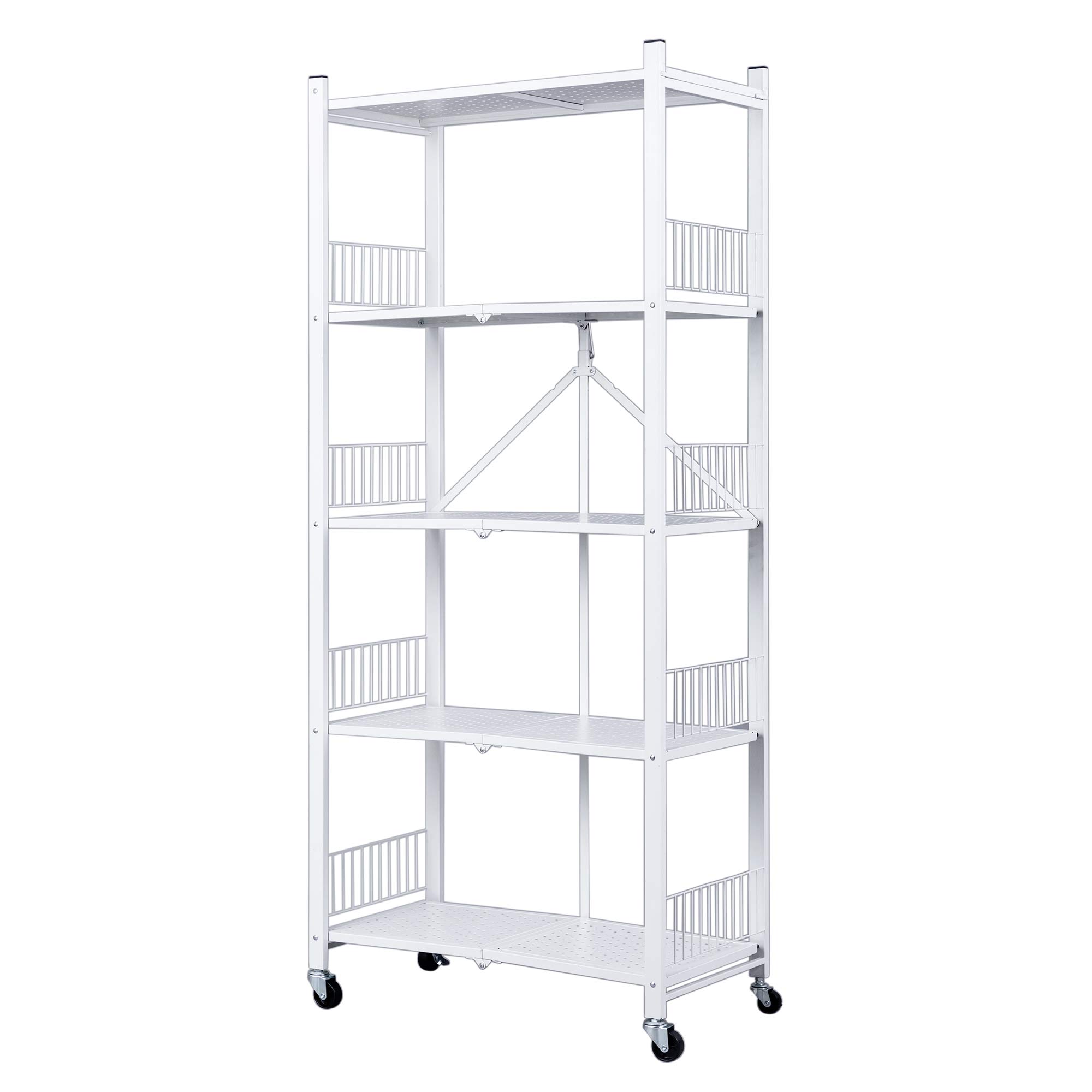 Jaq Foldable Storage Shelves Unit, 5-Tier Folding Shelf Shelving Rack Organizer cart with Rolling Wheels for Temporary or Mobile Sto