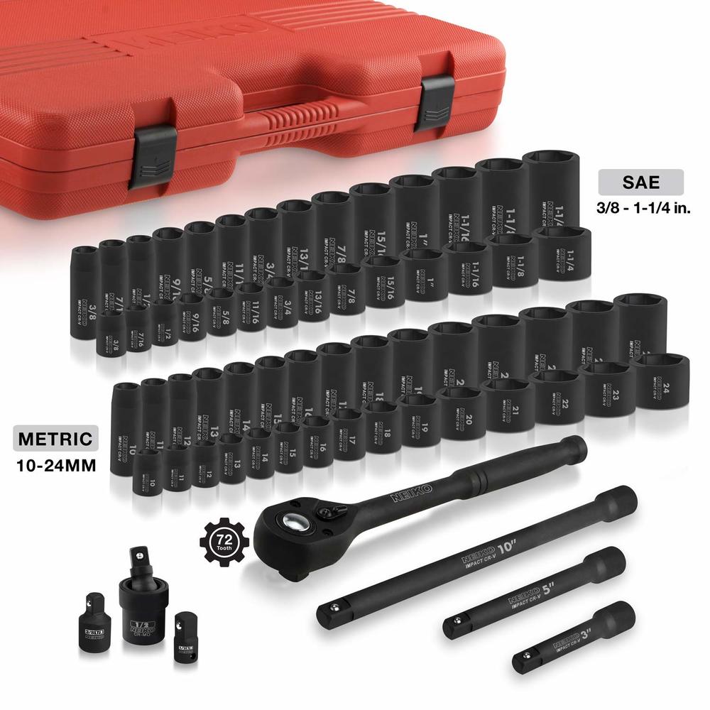 NEIKO 02448A 12 Drive Master Impact Socket Set, 65 Piece, Standard SAE (38-1-14) & Metric (10-24 mm) Sizes, Deep & Shallow Kit, 