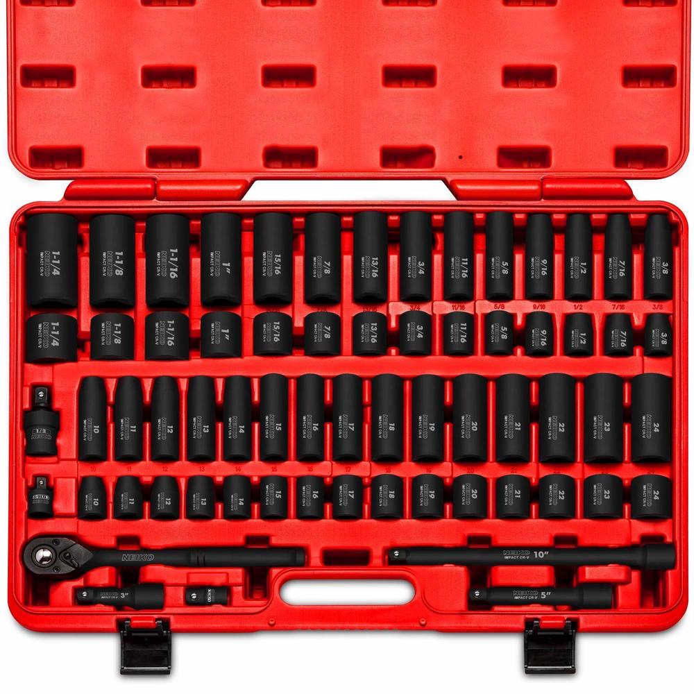 NEIKO 02448A 12 Drive Master Impact Socket Set, 65 Piece, Standard SAE (38-1-14) & Metric (10-24 mm) Sizes, Deep & Shallow Kit, 