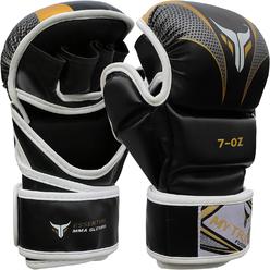 Mytra Fusion MMA Gloves 7-oz Grappling Gloves Martial Arts Gloves Sparring Gloves Punching Bag Gloves (S/M, Black/Gold)