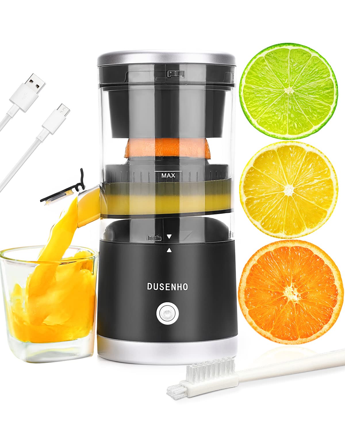 DUSENHO Citrus Juicer Machines Rechargeable - Portable Juicer with USB and Cleaning Brush for Orange, Lemon, Grapefruit