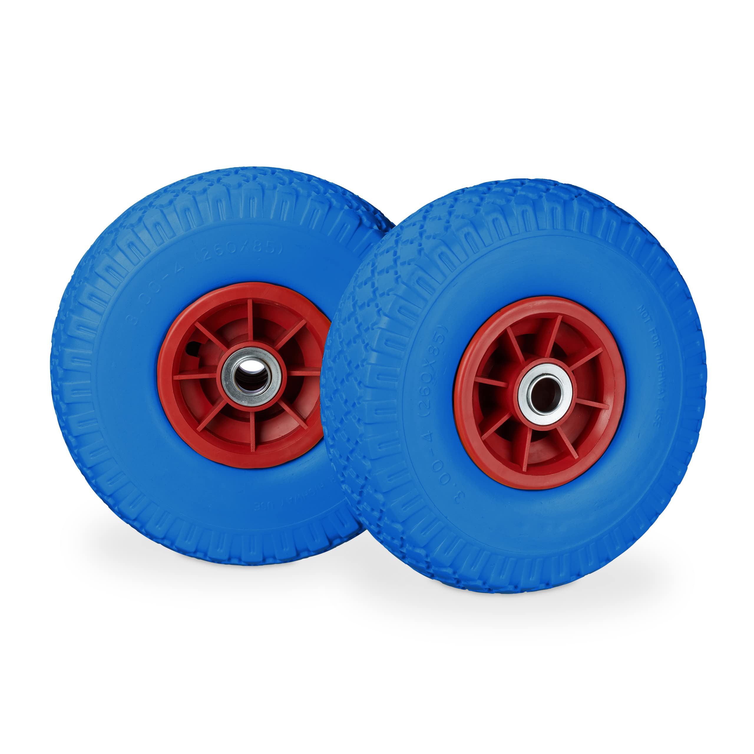 Relaxdays 2 x Hand Truck Tyre, Non-Flat Solid Rubber Wheels, 3.00-4, 20mm Axle, 80 kg, 260 x 85 mm, Blue/Red, Pack of 1, Multico