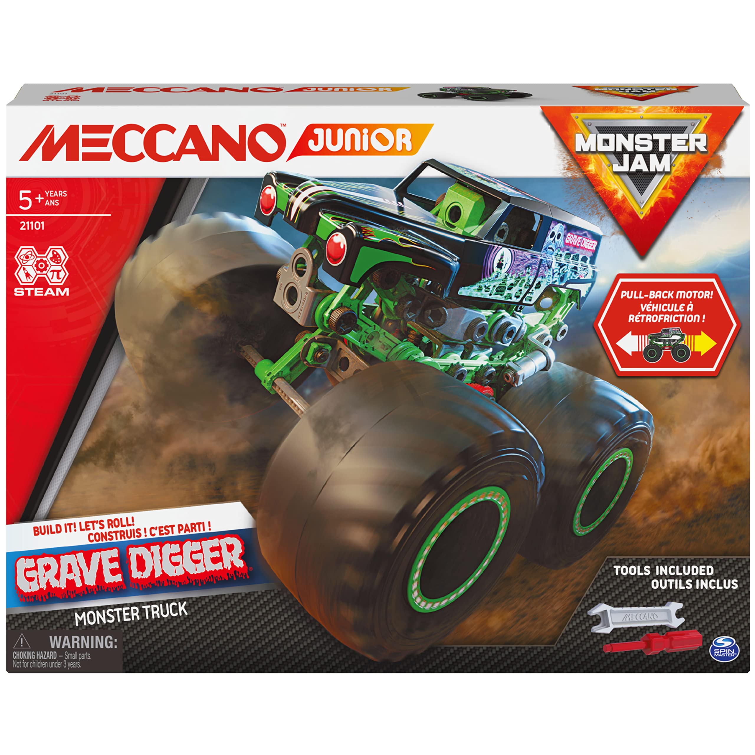 Meccano Junior, Official Monster Jam Grave Digger Monster Truck STEM Model Building Kit with Pull-Back Motor, Kids Toys for Ages