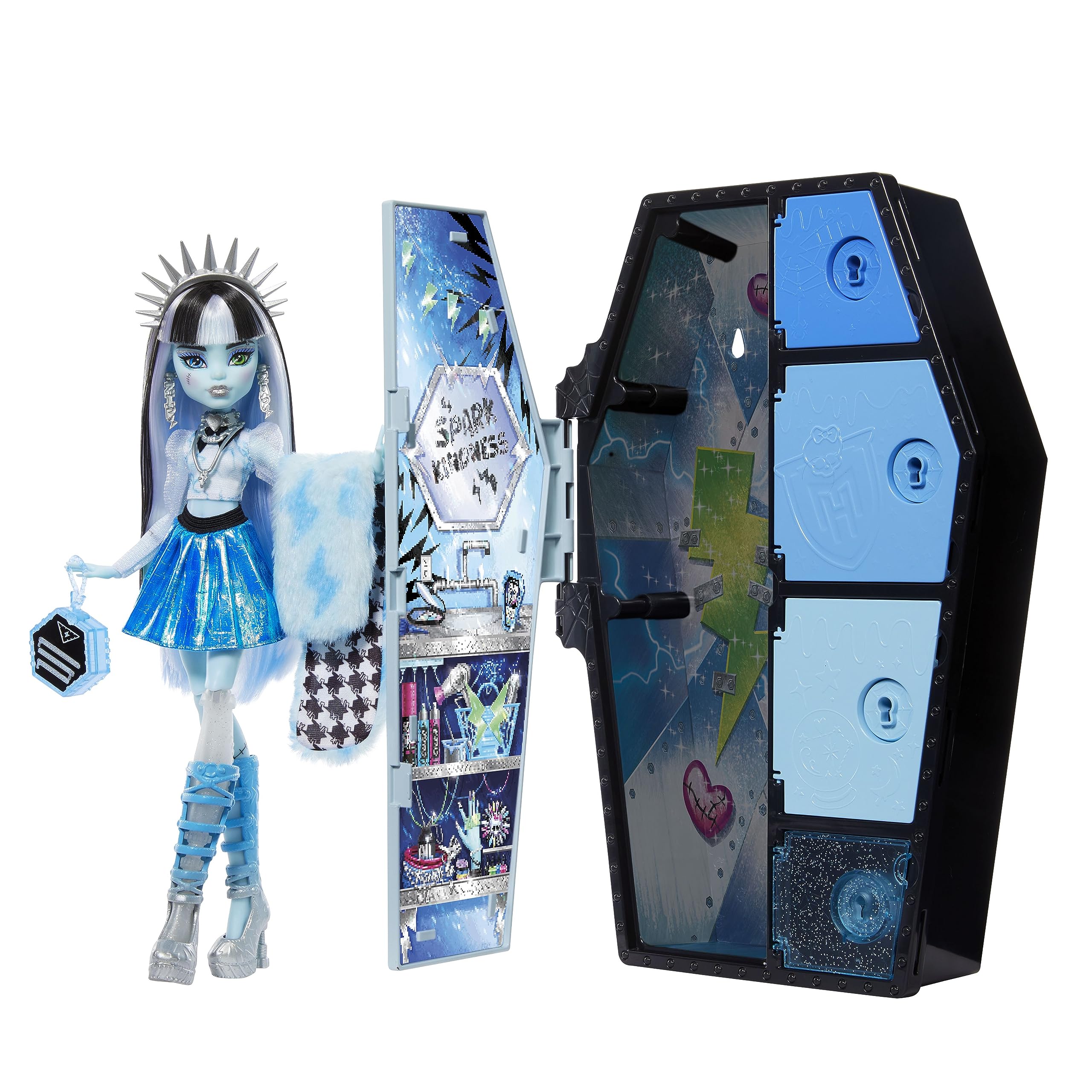Monster High Skulltimate Secrets Fearidescent Series Doll & Accessories, Frankie Stein, Dress-Up Locker, Color Reveal Keys & 19+