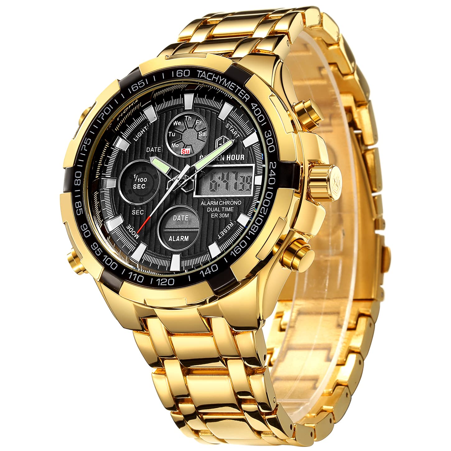 GOLDEN HOUR Luxury Stainless Steel Analog Digital Watches for Men Male Outdoor Sport Waterproof Large Big Size Heavy Wristwatch 