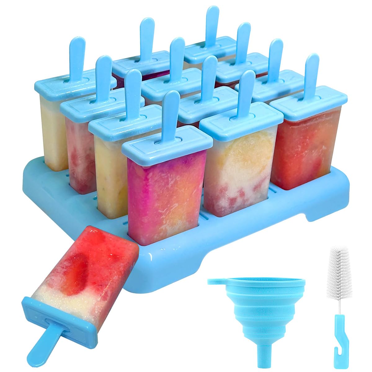 Alinana 12 Cavities Popsicles Molds, BPA-Free Popsicle Molds with Built-in Popsicle Stick, DIY Popsicle Molds with Cleaning Brus