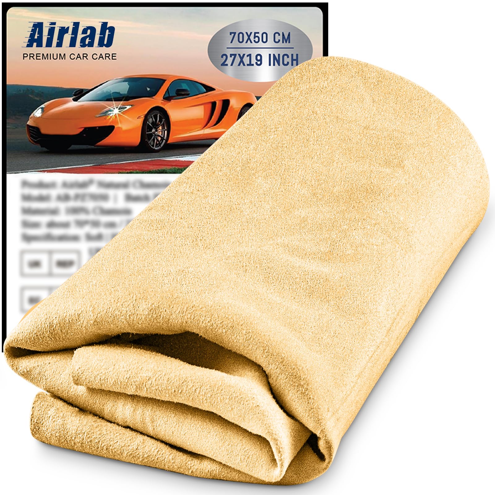 Airlab Chamois Cloth for Car 20'' x 27.6'' (3.7 sq ft) Shammy Towel Car Wash Drying Towel Absorbent Real Leather Lint Free Streak Free 
