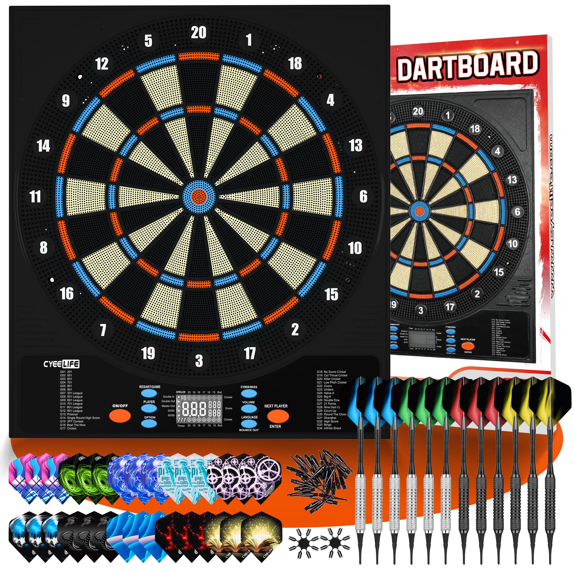 CyeeLife Electronic Dartboard&12 Soft Darts,8 Players&34 Games&255 Variations,Battery/Adapter/3 Languages Switching for Professi