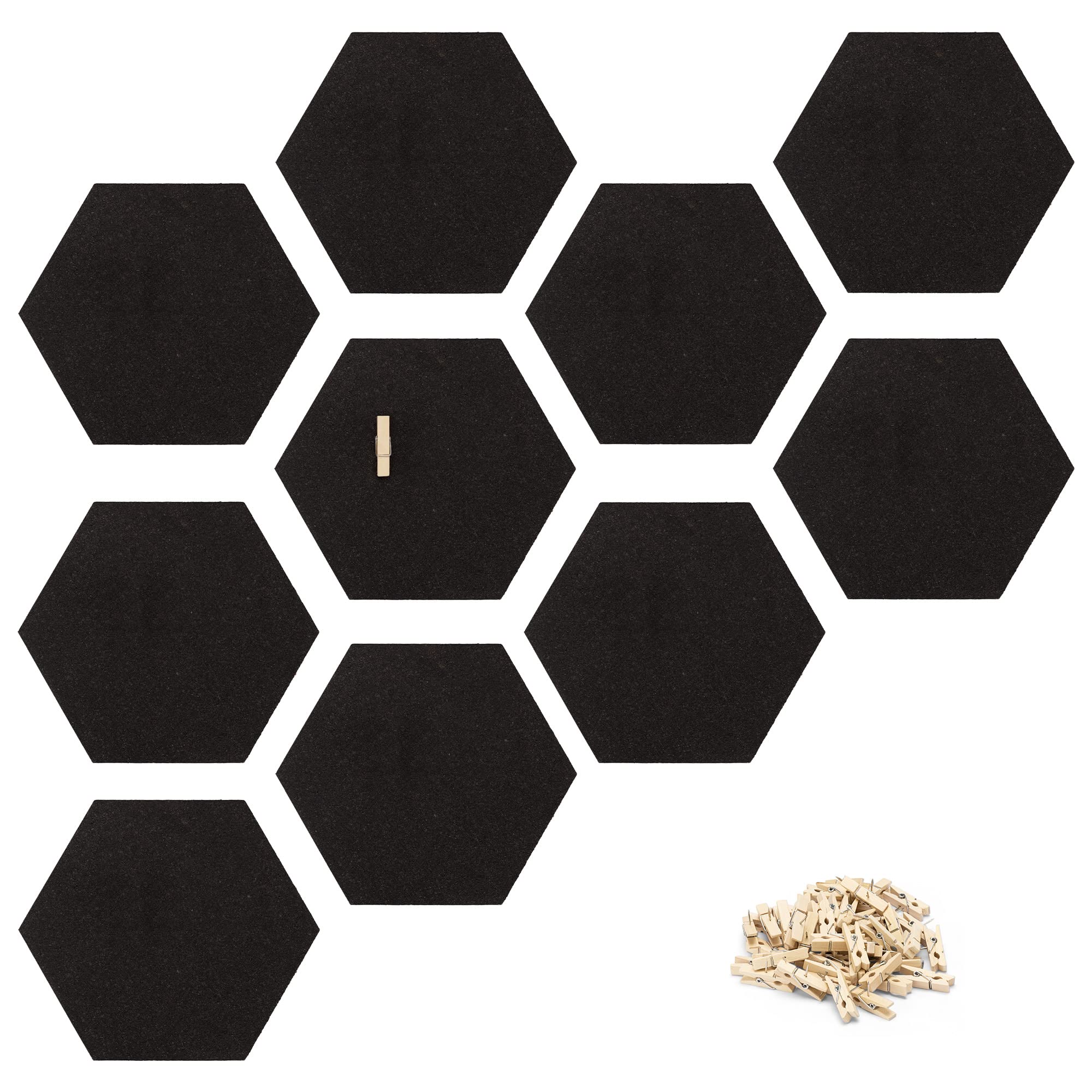 Navaris Hexagon Cork Board Tiles (Set of 10) - Self Adhesive Cork Board Tiles for Walls 5/8 inch Thick - Includes 50 Wood Push P