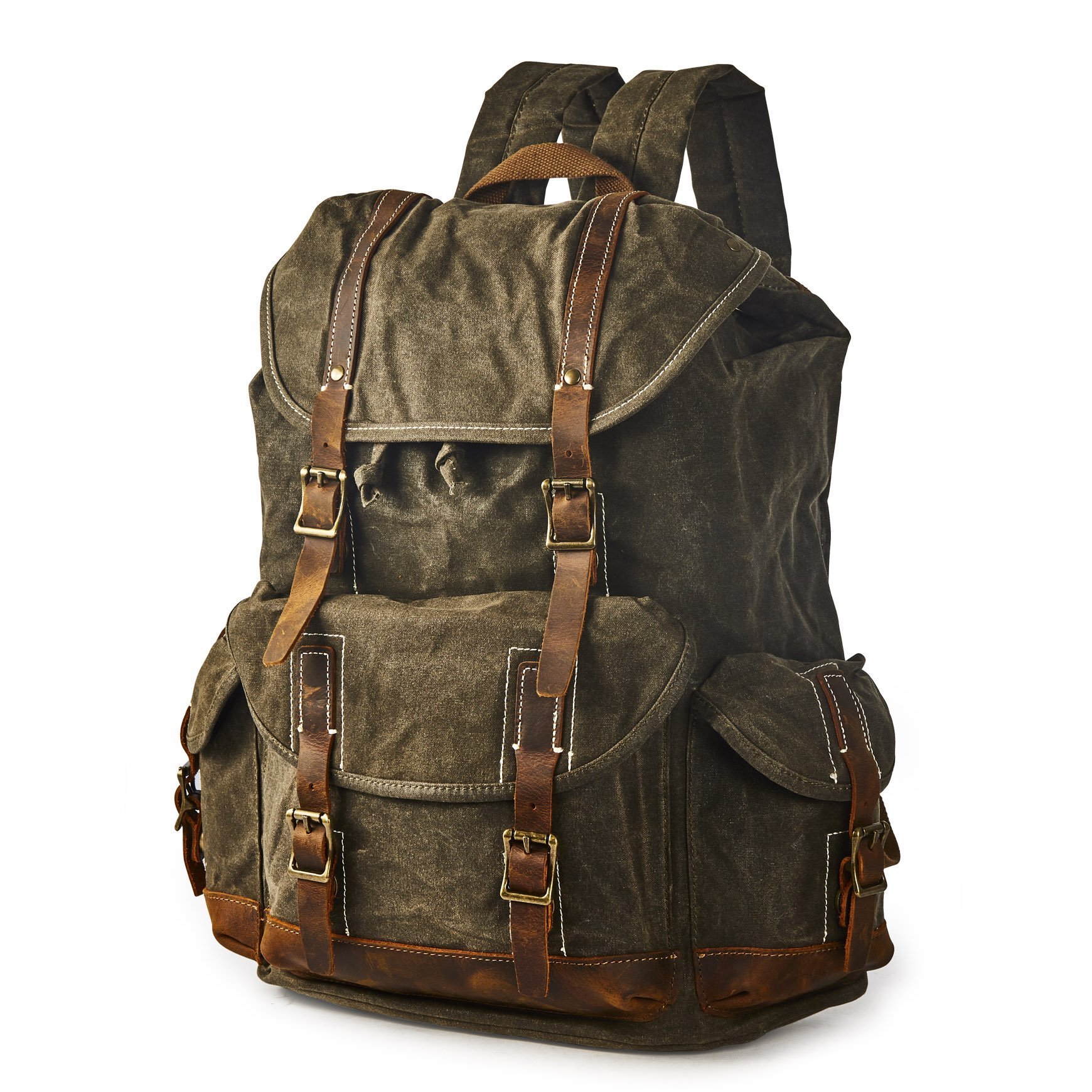 BRASS TACKS Leathercraft Heavy Duty Waxed Canvas Vintage Backpack for Men Women Trim Casual 15.6" laptop Travel Rucksack Shoulde