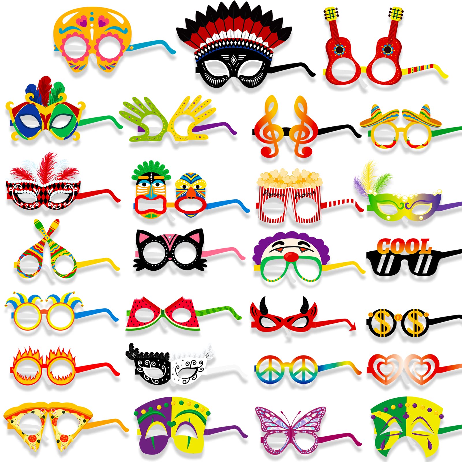 DPKOW 27pcs Novelty Carnival Party Glasses Mask, Paper Party Eyeglasses for Halloween Carnival Costume Accessories, Parade Mexic