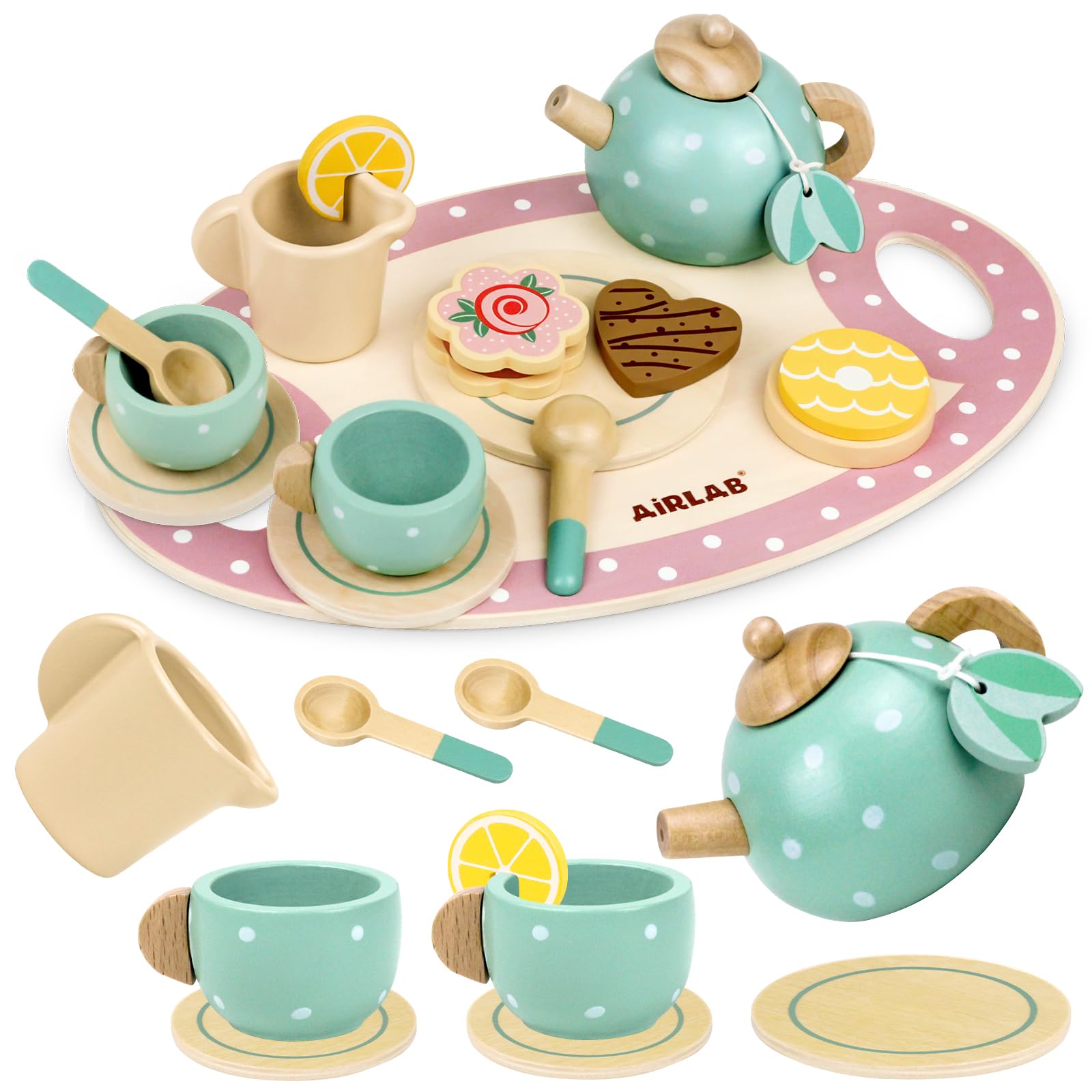 Airlab Wooden Tea Set for Little Girls Play Food Pretend Play Kitchen Accessories for 3 4 5 Years Old Girls and Boys Toddler Princess T