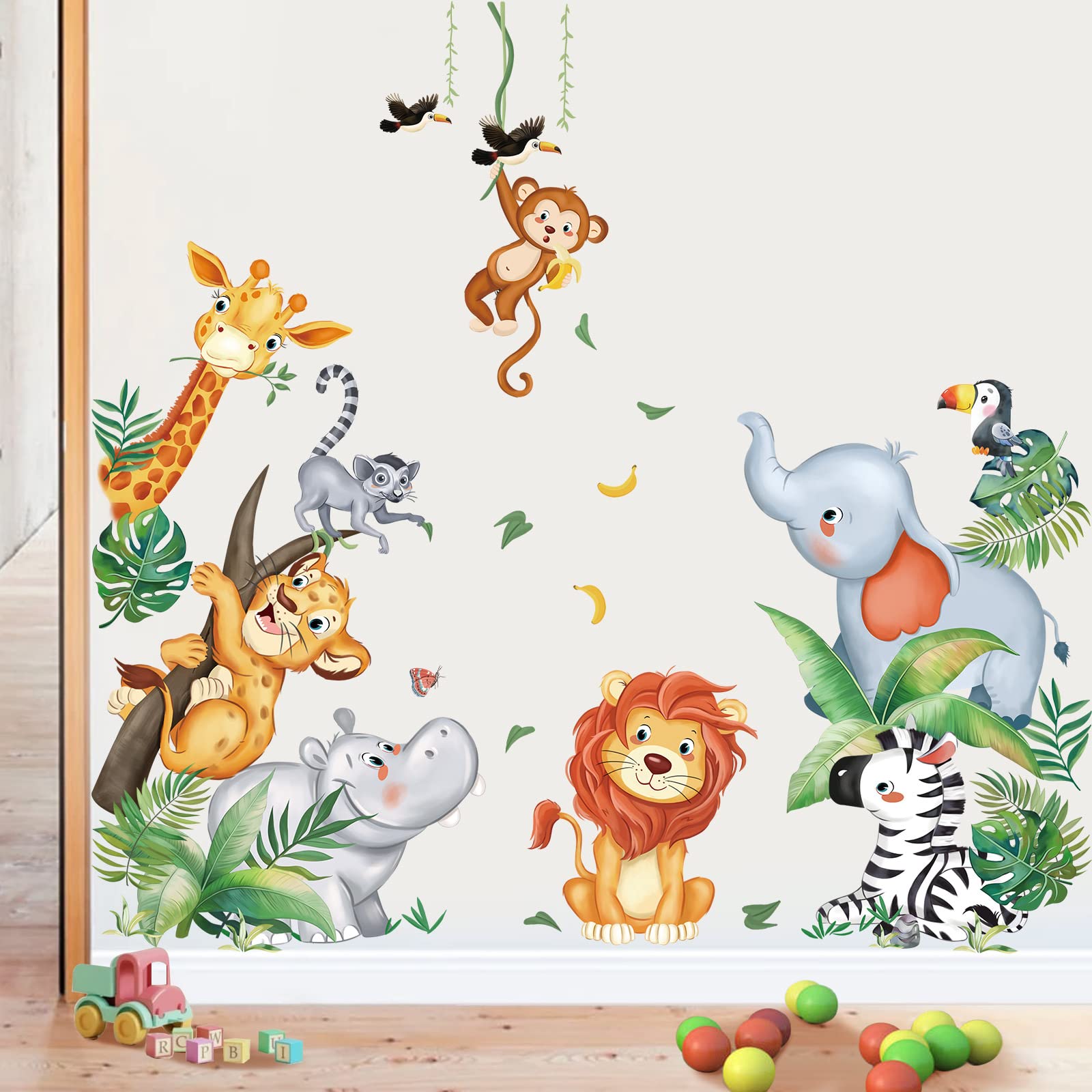 wondever Jungle Animals Wall Stickers Safari Animal Elephant Giraffe Lion  Monkey Peel and Stick Wall Art Decals for Kids Bedroom, image size:1600x1600