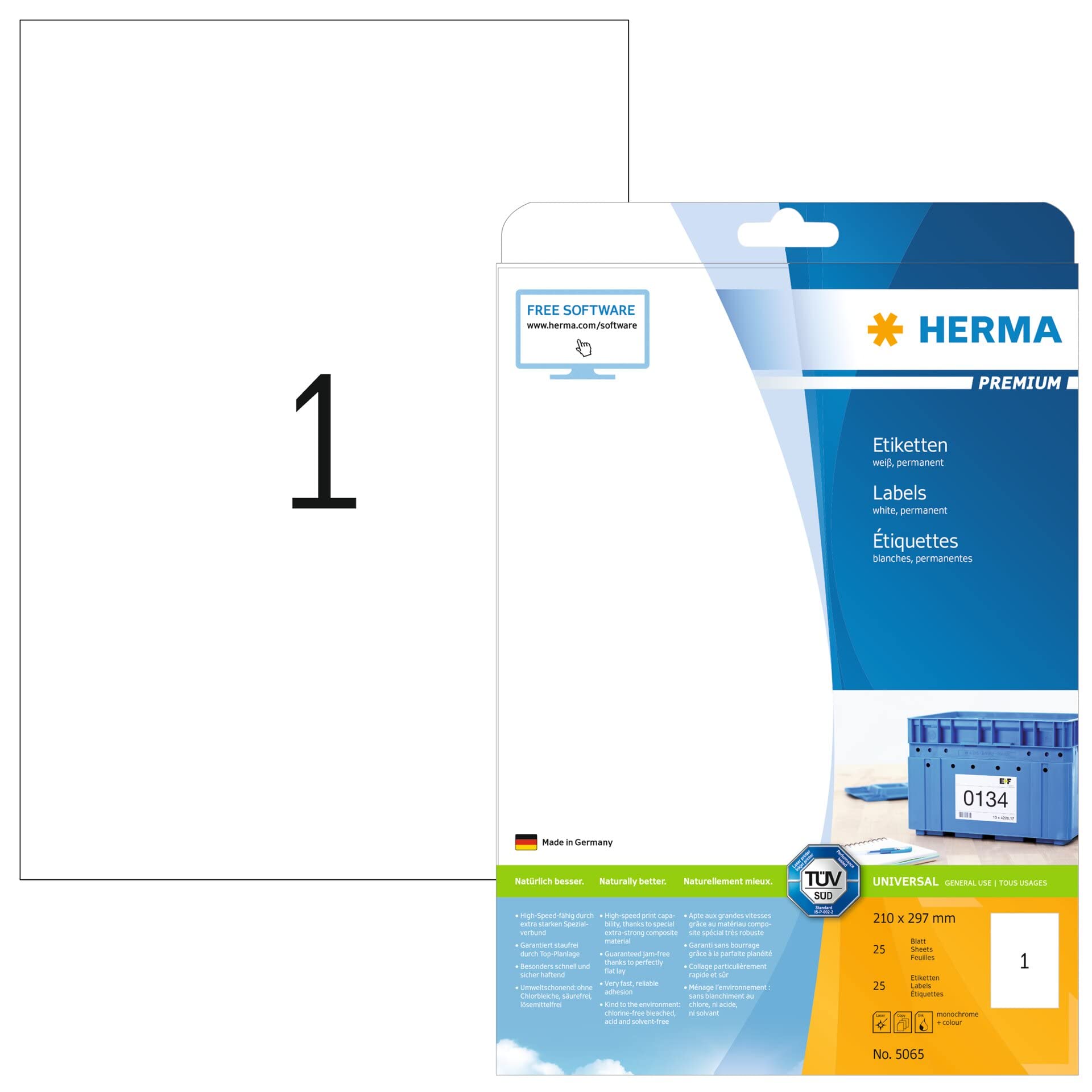 HERMA 5065 Universal Labels 800 Sheets 210 x 297 mm 1 Per A4 Sheet 800 Stickers Self-Adhesive Printable Blank Paper Labels for L