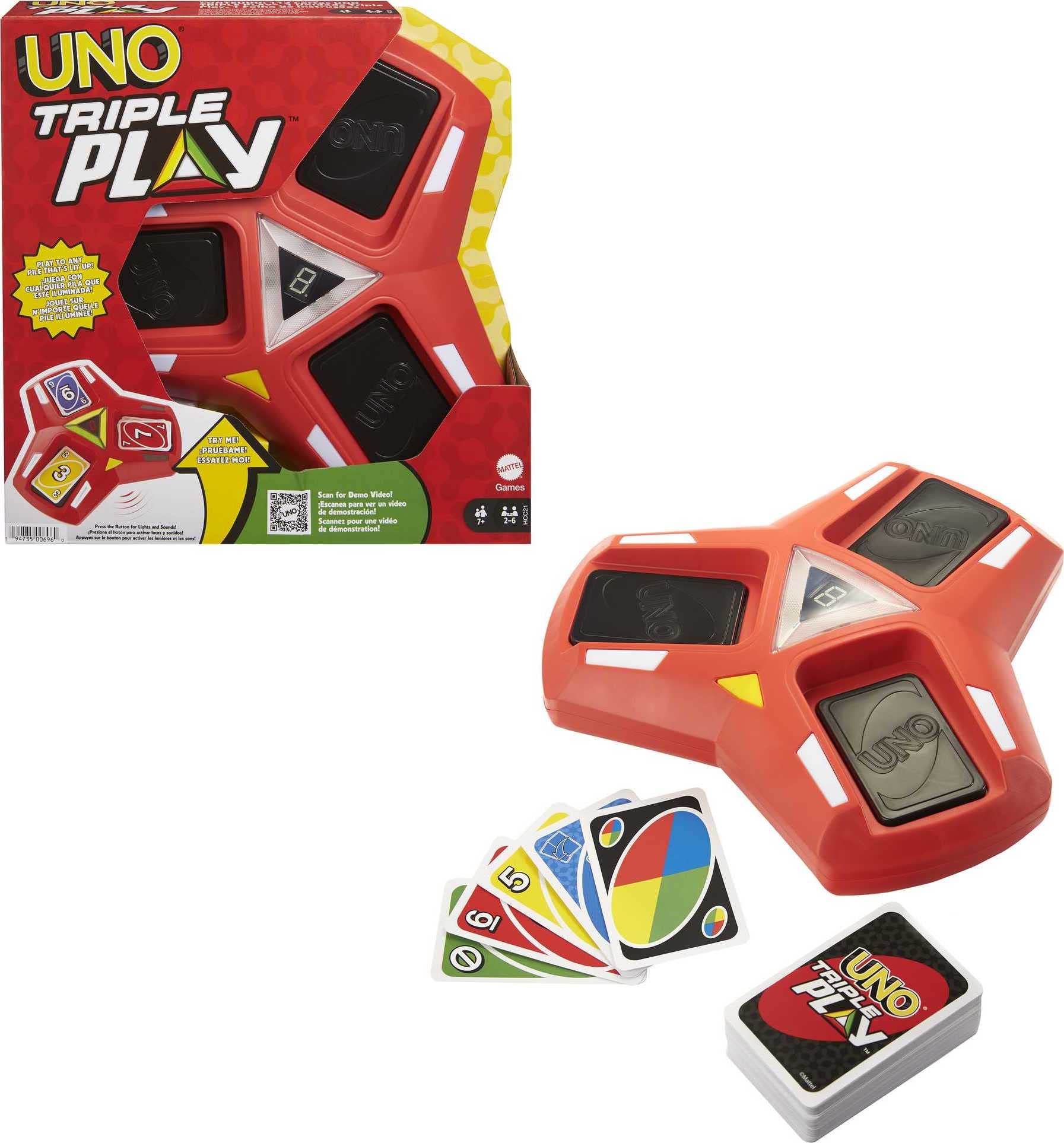 Mattel Games UNO Triple Play Card Game with Card-Holder Unit with Lights &  Sounds & 112 Cards, Kid, Teen & Adult Game Night Gift
