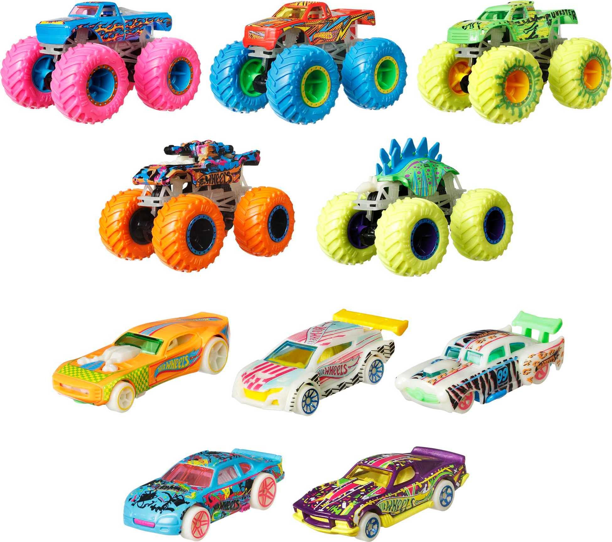 Hot Wheels Monster Trucks Glow in the Dark Multipack with 10 Toy Vehicles: 5 Monster Trucks & 5 1:64 Scale Cars, Collectible Toy