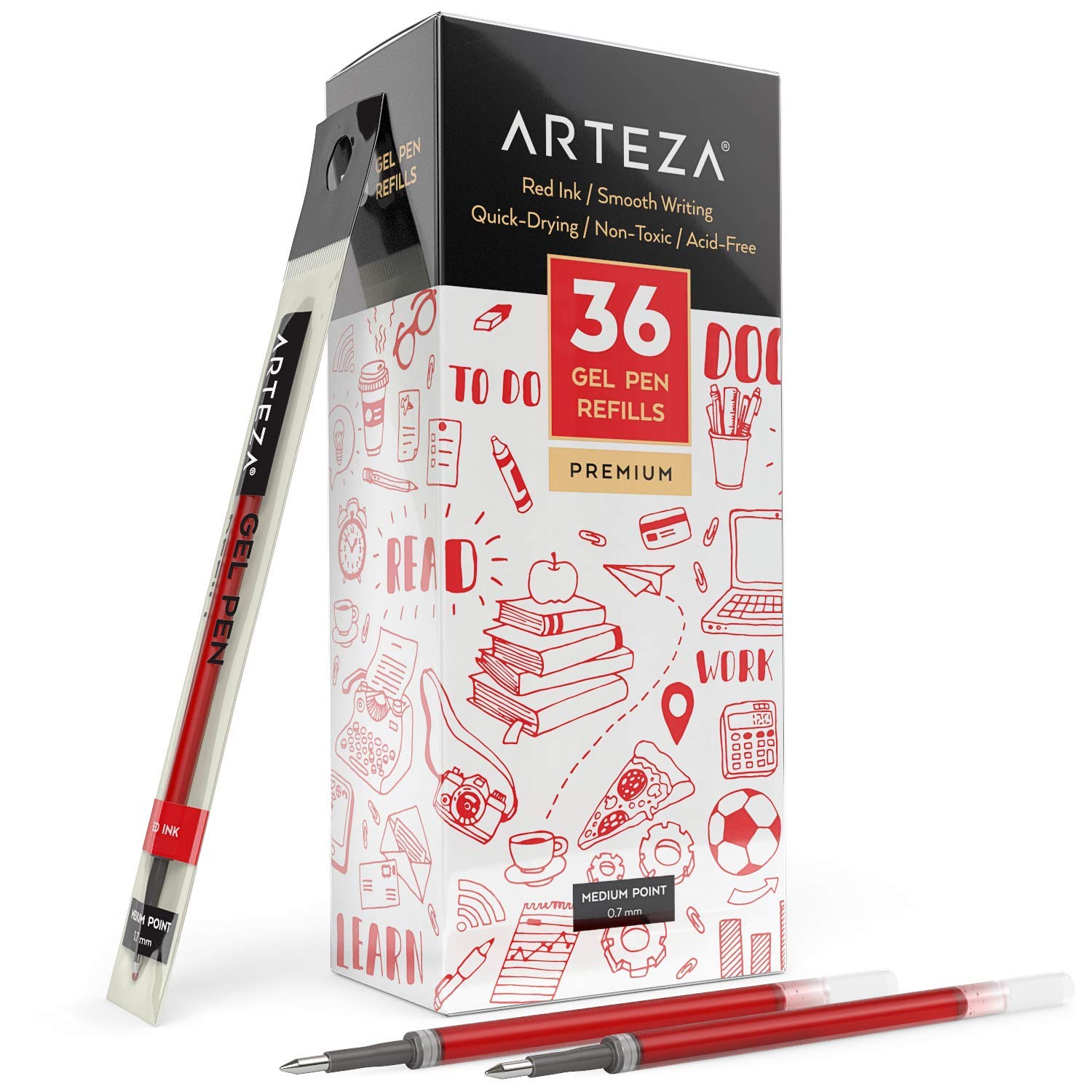 ARTEZA Gel Pen Refills, Pack of 36 Red Roller Ball Gel Ink Pen Refills, Quick-Drying, Nontoxic, Fine Point, Office Supplies for 