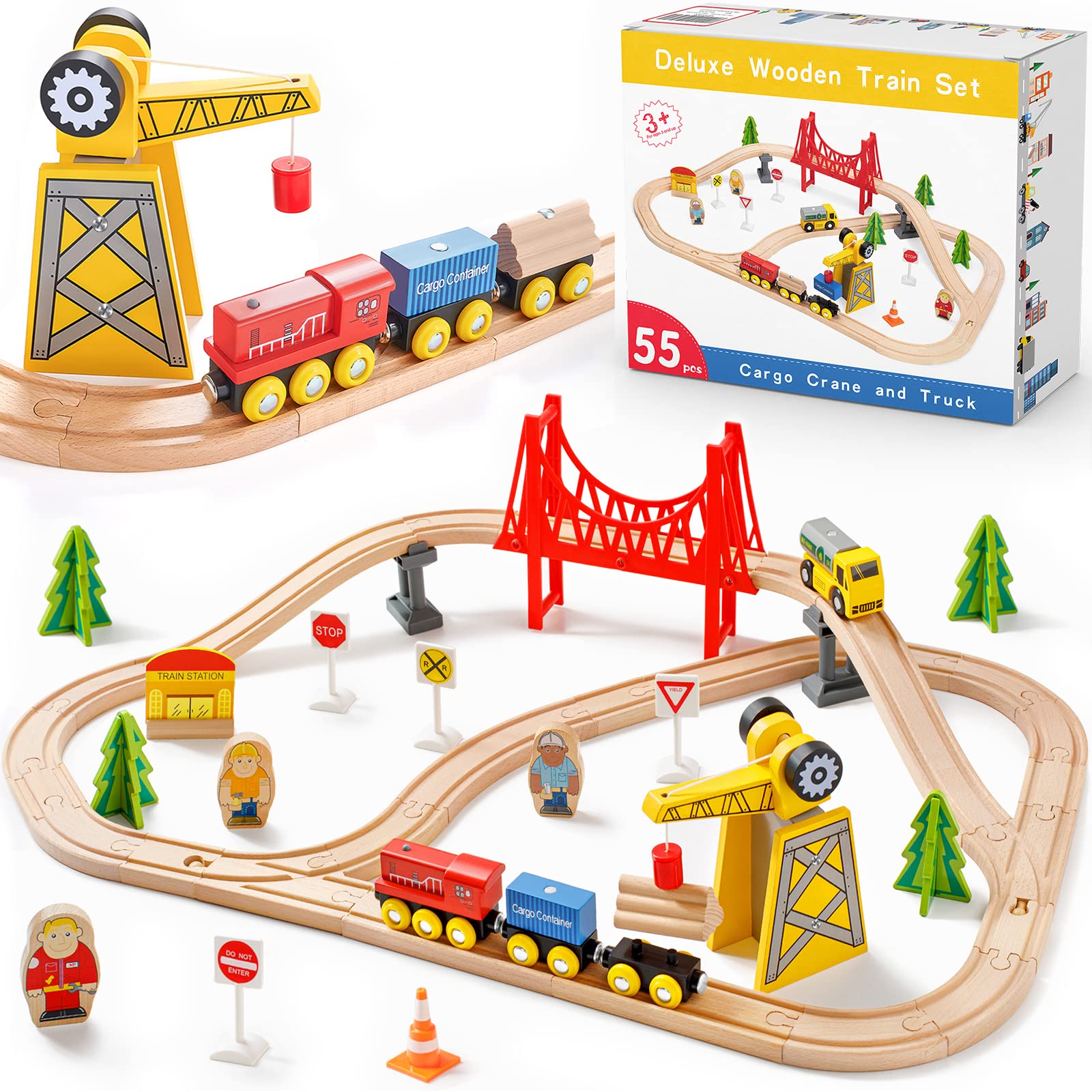 Tiny Land Wooden Train Set, 55Pcs Train Toy for Boys with Wooden Train Track, Toy Train for 3+ & 4-7 Years Old Toddlers and Kids
