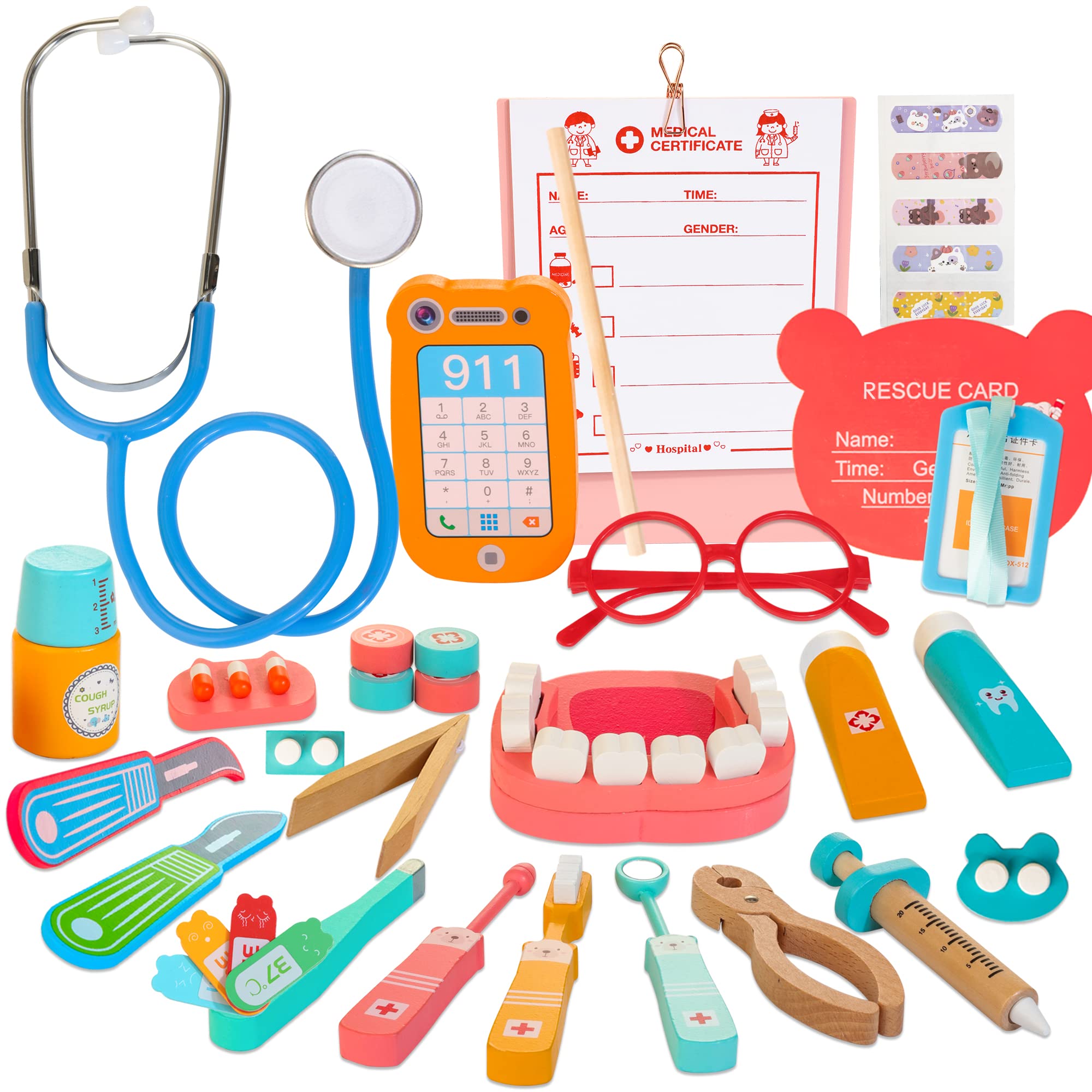 Lawcephun Wooden Dentist Kit for Kids, 41 Pieces Toy Medical Kit with Stethoscope & Medical Storage Bag, Montessori Pretend Doctor Kit Toy