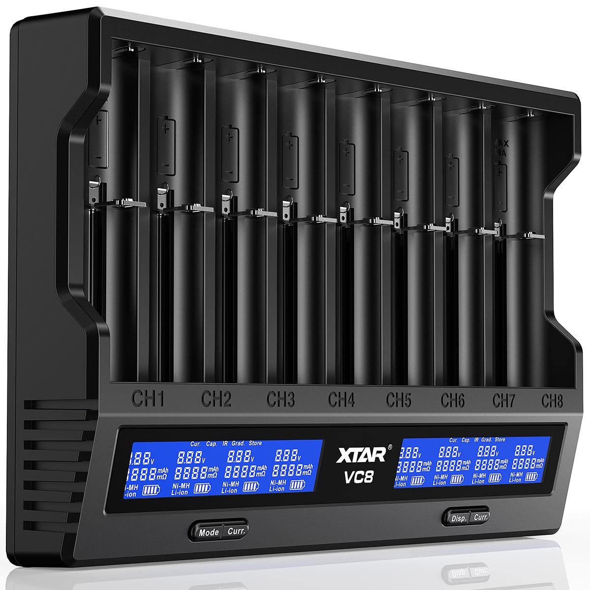 Xtar 8 Bays Charger USB C Battery Charger XTAR VC8 Type C 3A Fast Charger 8-Bay Smart Charger LCD Display for 3.6V 3.7V Li-ion 1.2V N