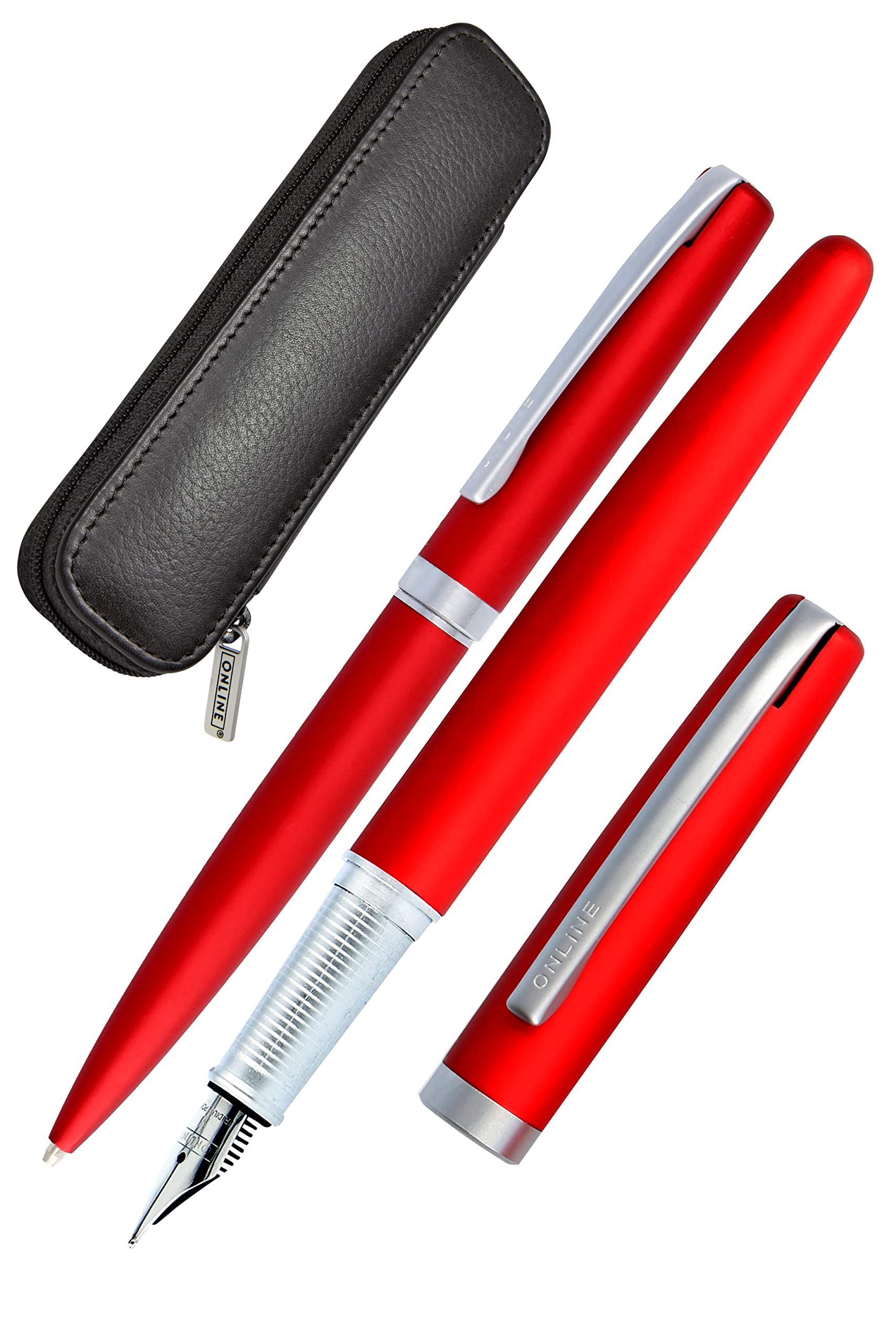 Online Set Eleganza Fountain Pen & Ballpen I Satin Red I Nib Size M I Metal Clip I Retractable Biro I Fountain-Pen for Standard 