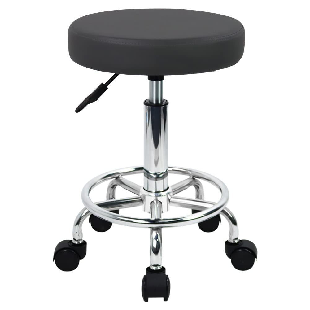 WKWKER Round Rolling Stool with Footrest PU Leather Height Adjustable 360? Swivel Stool with Wheels Office Stool Chair Home Draf