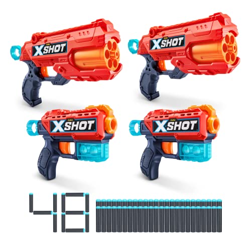 Xshot Excel 2 Reflex 6 + 2 Kickback (4 Pack + 48 Darts + 3 Shooting Targets) by ZURU, X-Shot Red Foam Dart Blaster, Toy Blaster, Rotat