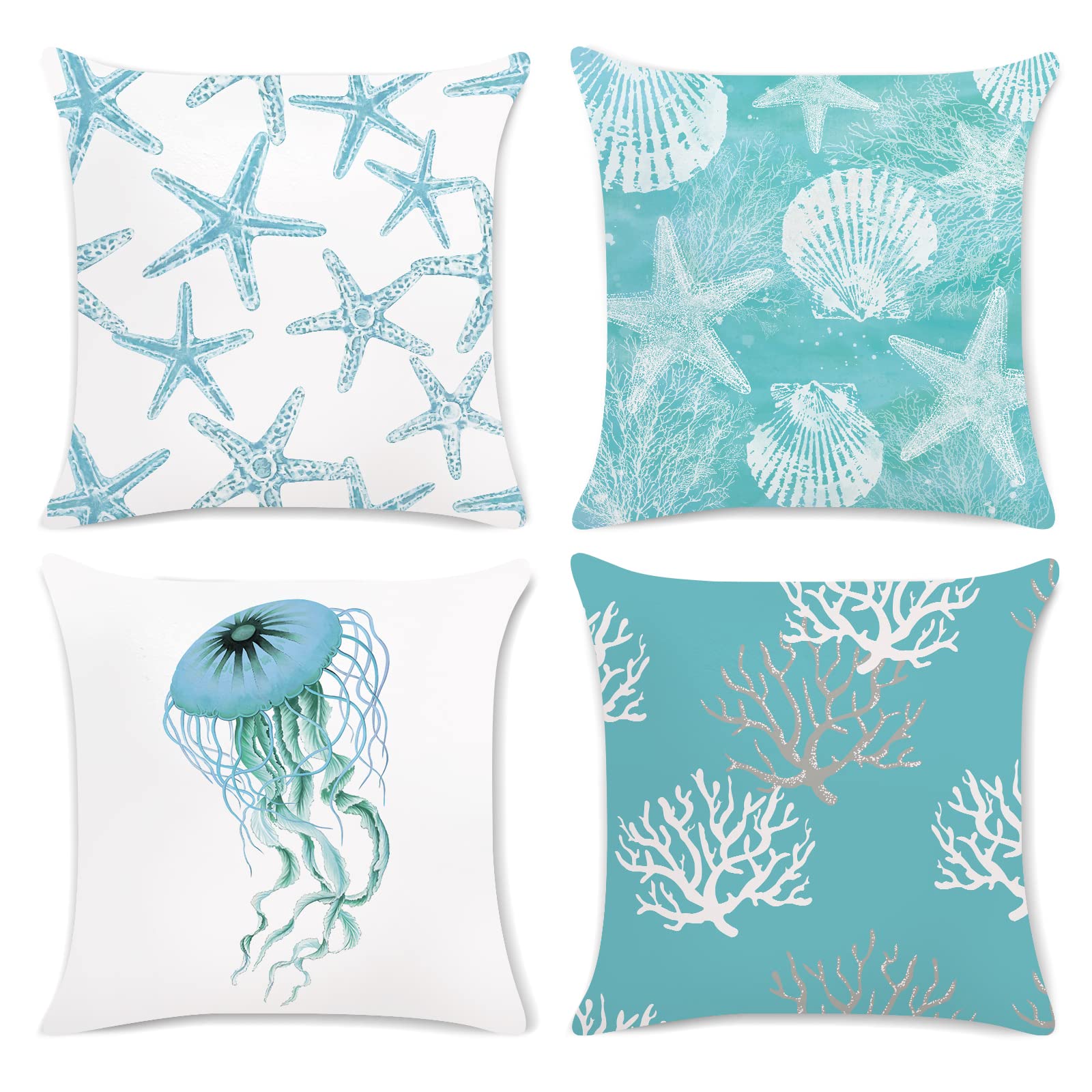 Bonhause Turquoise Coastal Pillow Covers 18x18 Inch Set of 4 Beach Starfish Seashell Ocean Coral Jellyfish Pillow Cases Soft Vel