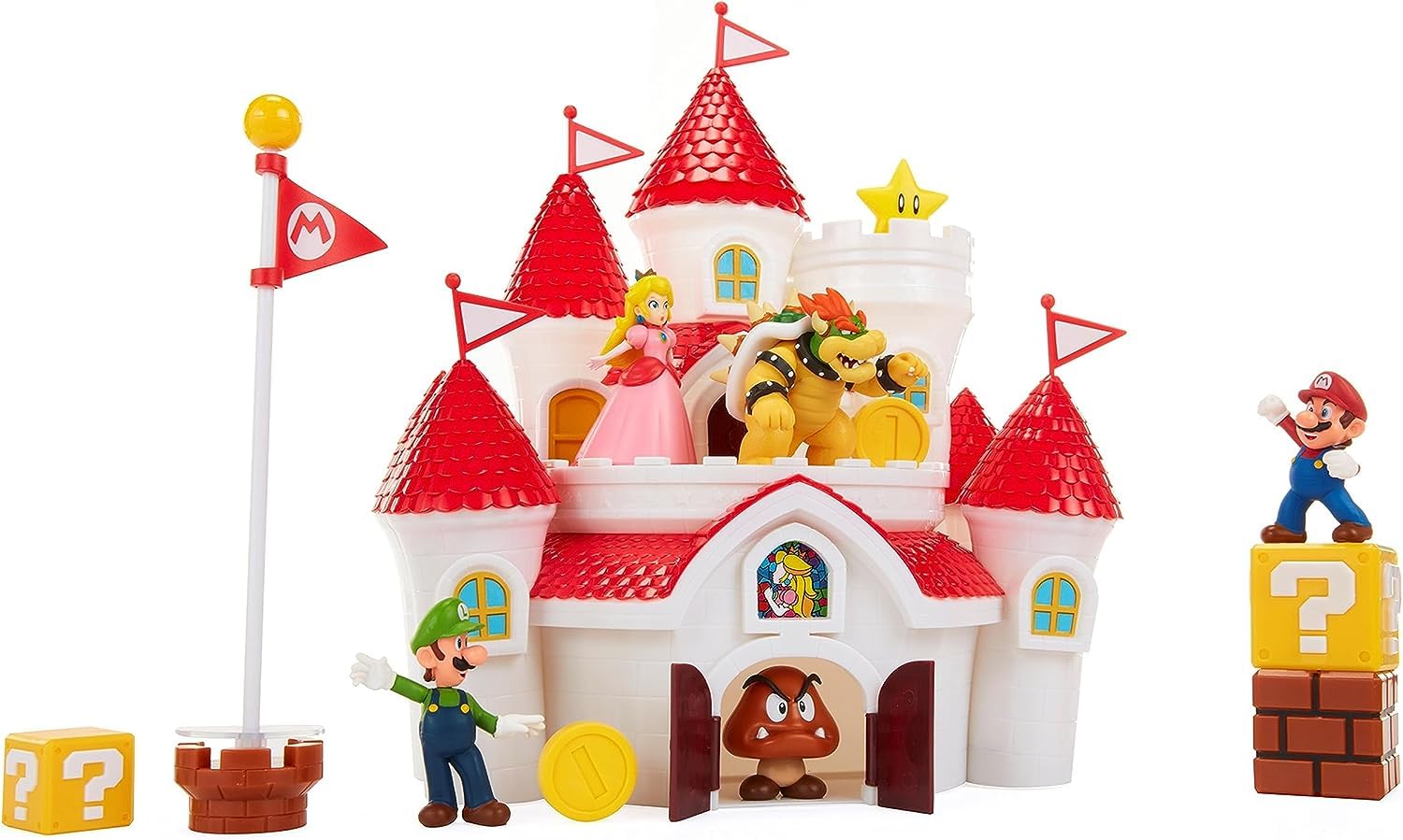 World of Nintendo Super Mario Nintendo Deluxe Mushroom Kingdom castle, Wall Display & Playset with (5) 25 Articulated Action Figures (Exclusive Bo
