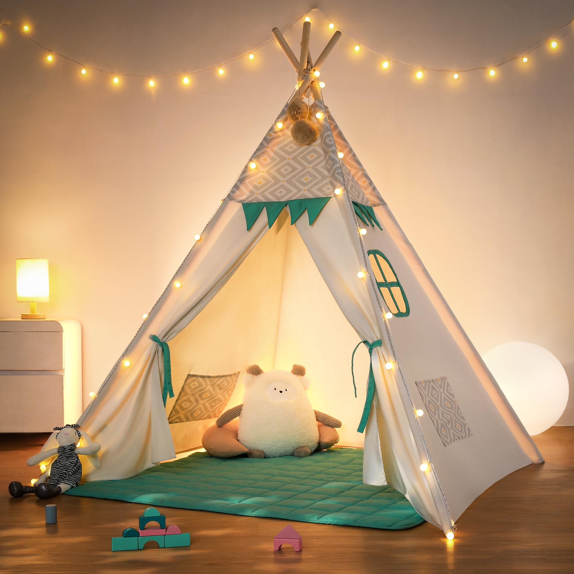besrey Teepee Tent for Kids with Padded Mat&Light String, Besrey Kids Tents Indoor Playhouse, Large KidsTipi Tent, Play Tent for Toddle