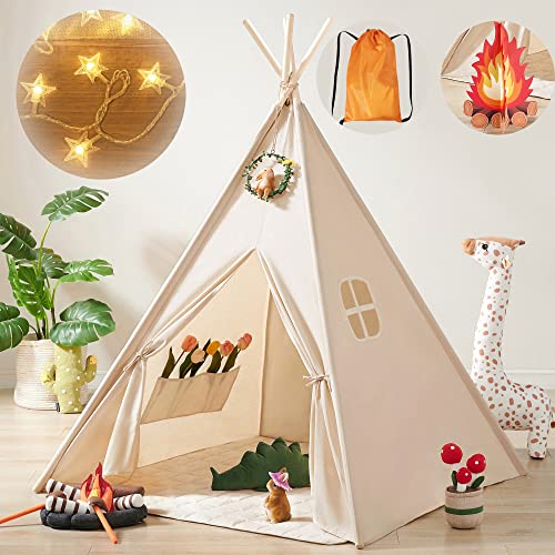 Tiny Land Kids-Teepee-Tent with Lights & Campfire Toy & Carry Case, Natural Cotton Canvas Toddler Tent - Washable Foldable Teepee Tent for