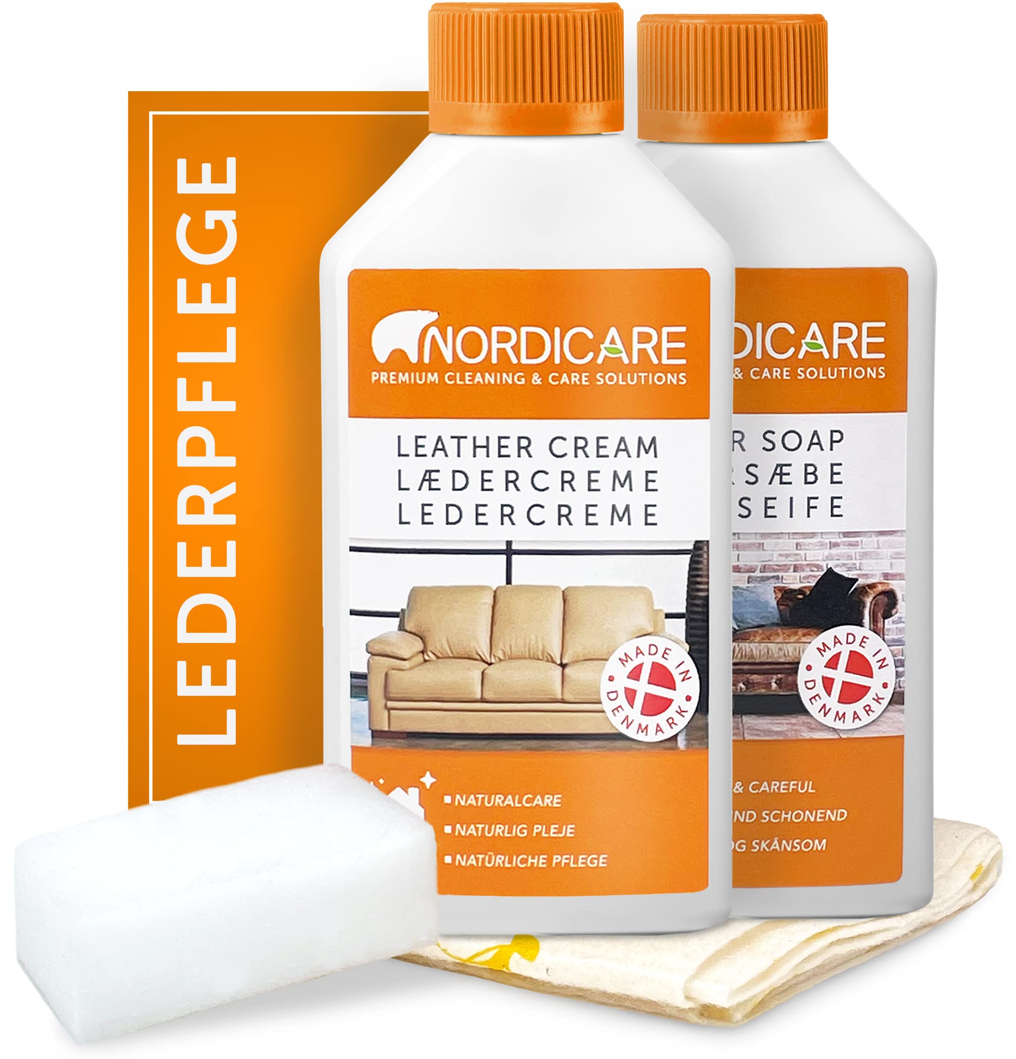 Nordicare Leather Cleaner Care Kit for Sofas, Cars, Furniture - Leather Cleaner for Sofas - Car Leather Cleaner, Leather Cleaner