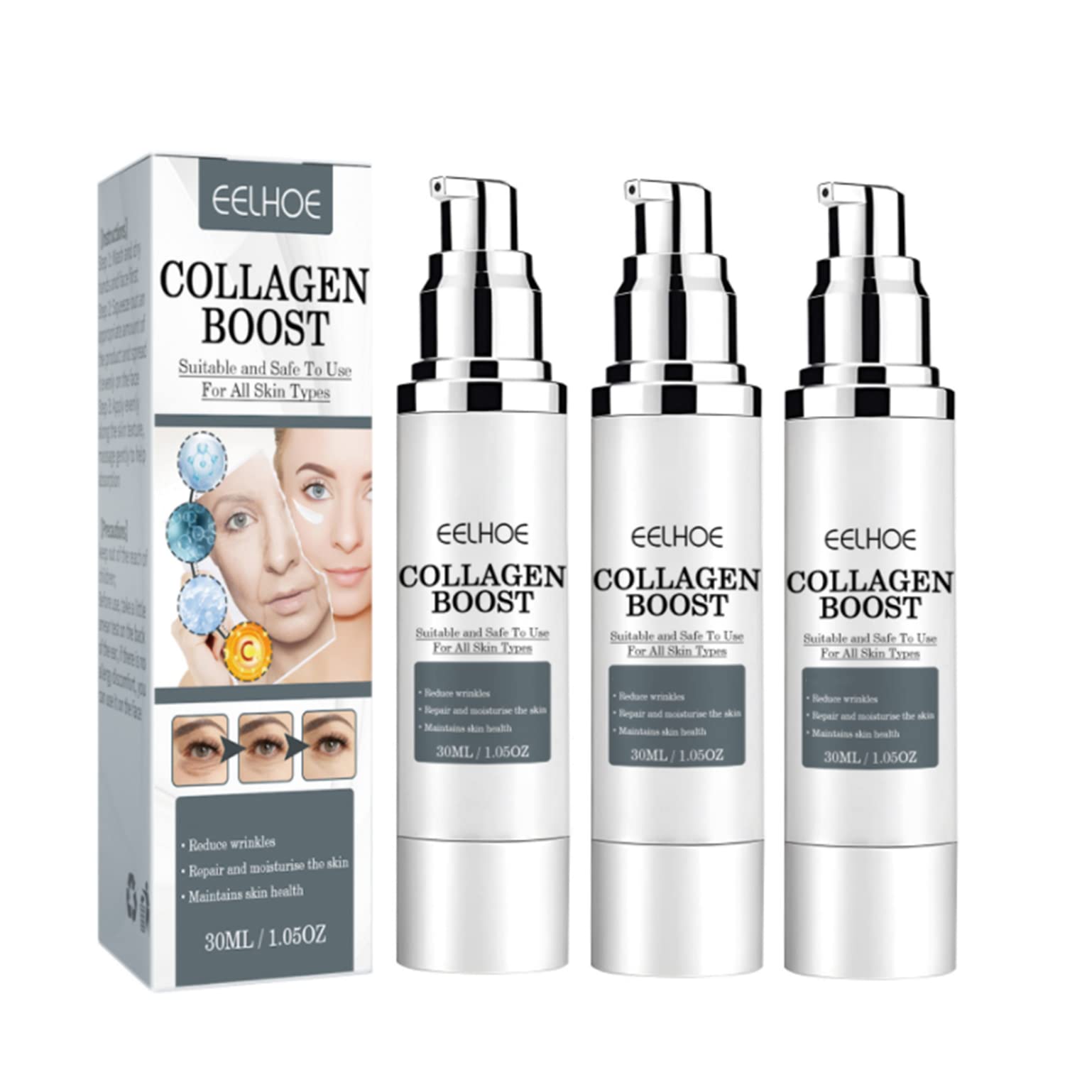 YG LianKai 3Pcs EELHOE Collagen Boost Anti-Aging Serum, EELHOE Collagen Boost Serum, EELHOE Collagen Anti-Wrinkle Cream, Anti Aging Serum F