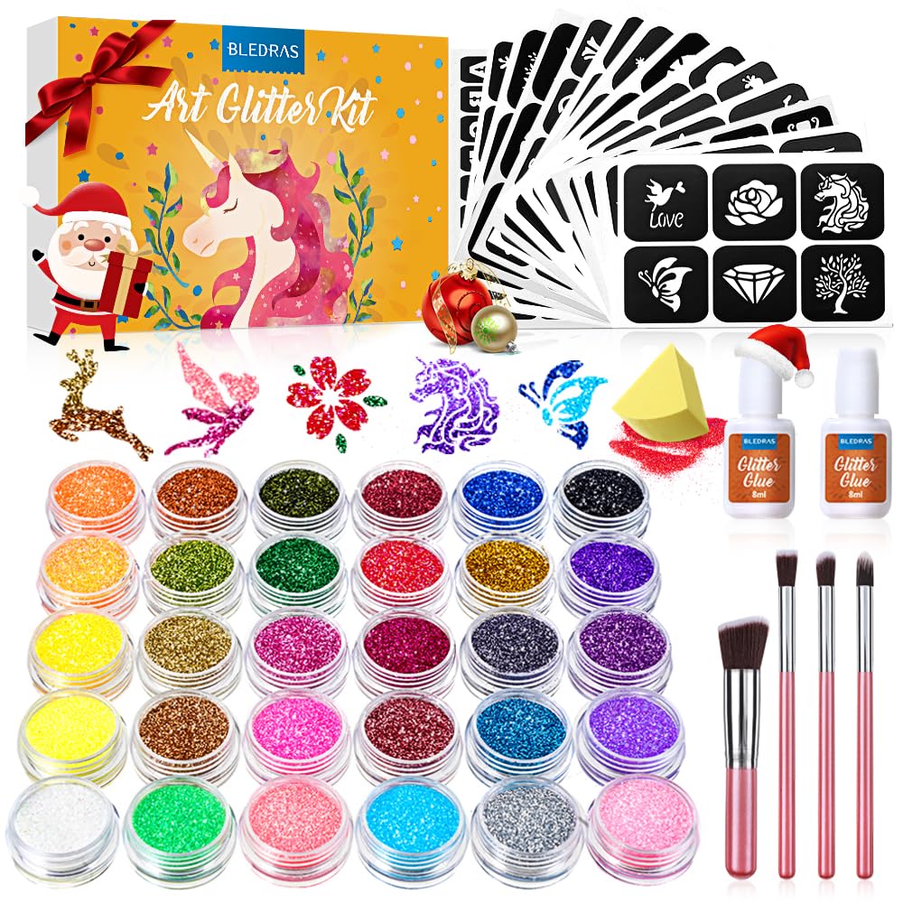 Bledras Glitter Tattoo Kit, Bledras 30 Colors Temporary Tattoo Set for